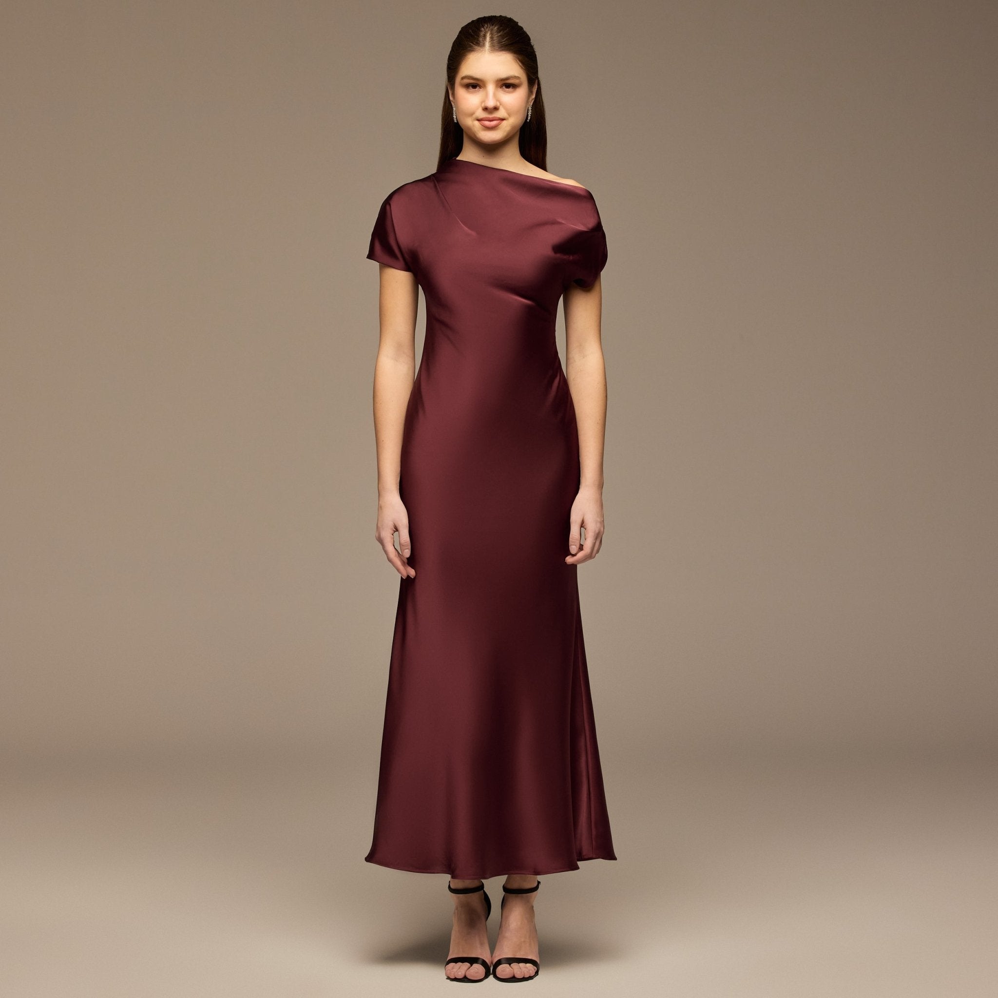 Dark Plum Draped Neckline Satin Maxi Dress - shopaleena