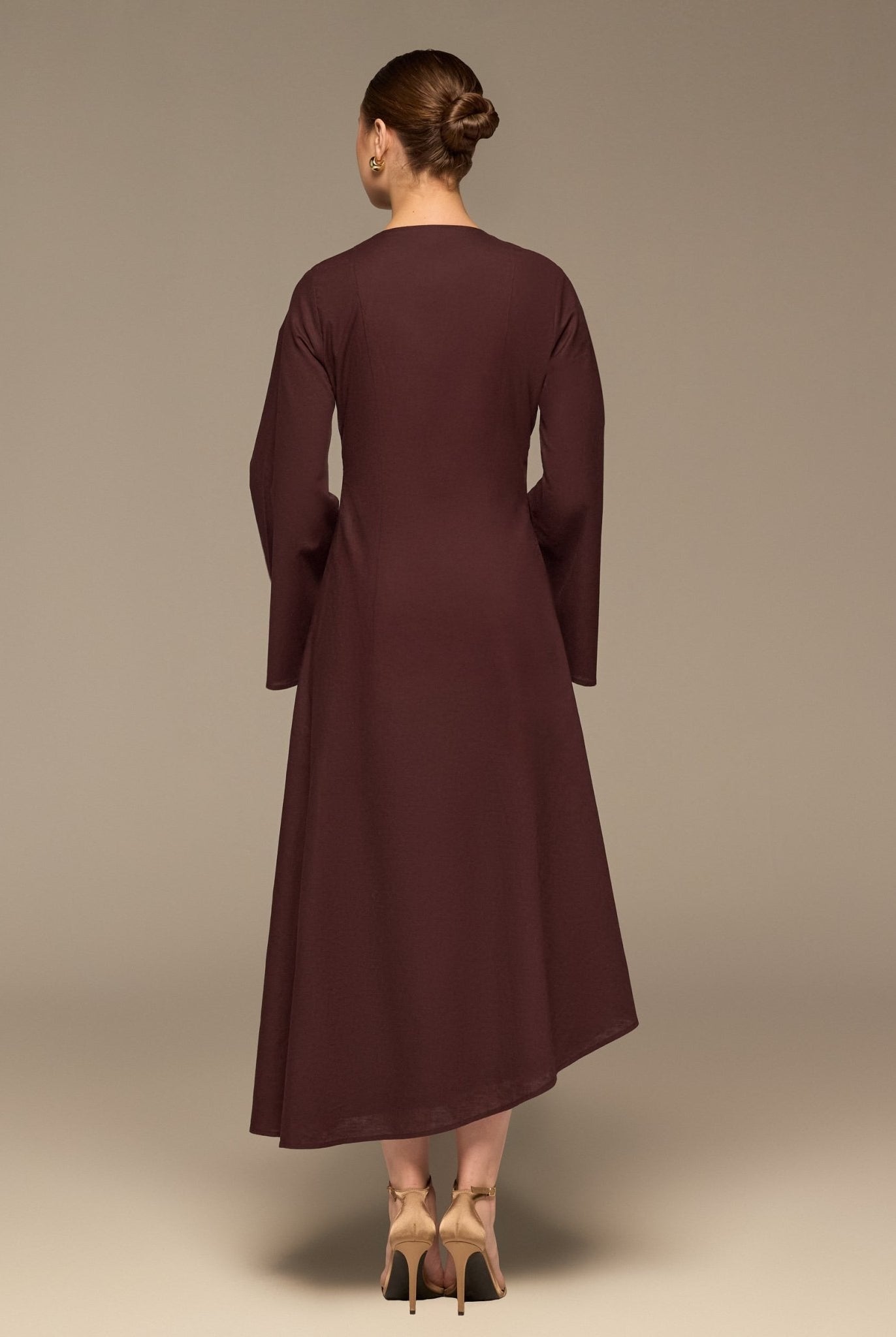 Dark Plum Linen Button-Front Flared Dress - shopaleena