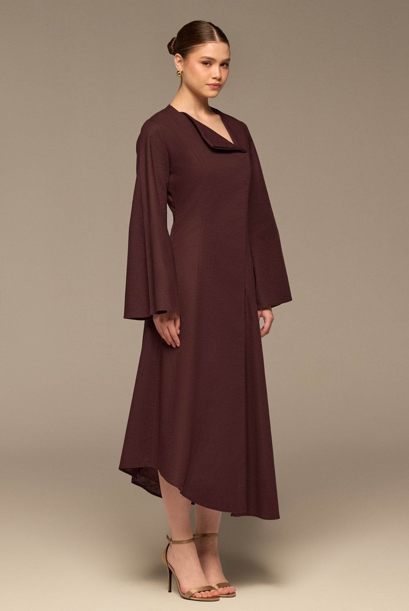 Dark Plum Linen Button-Front Flared Dress - shopaleena