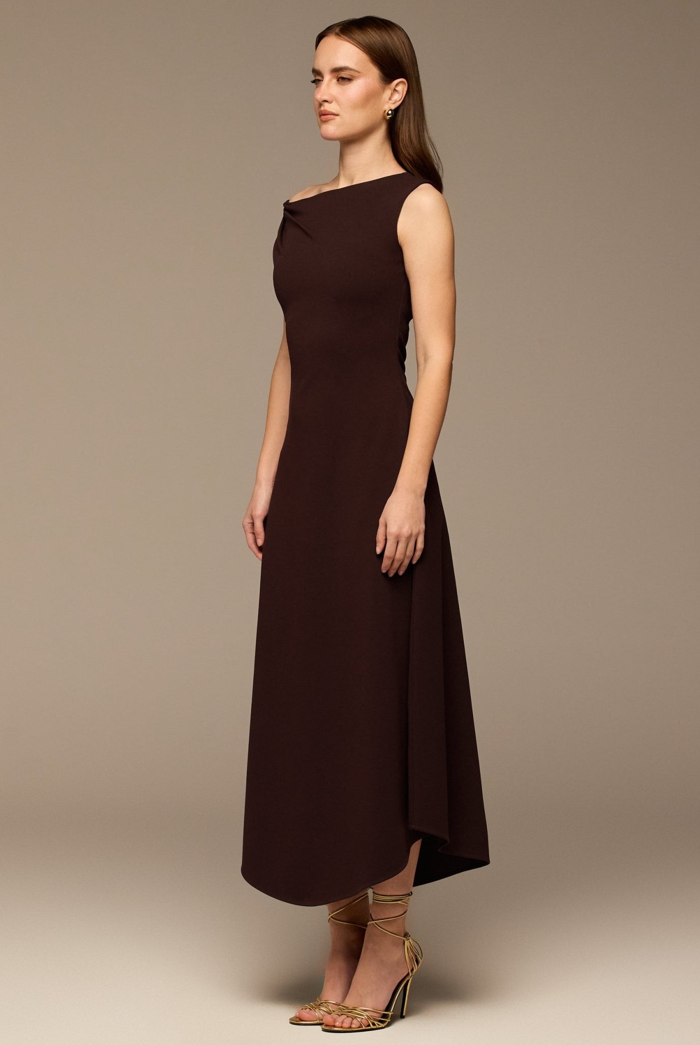 Dark Purple Draped A - Line Crepe Midi Dress - shopaleena