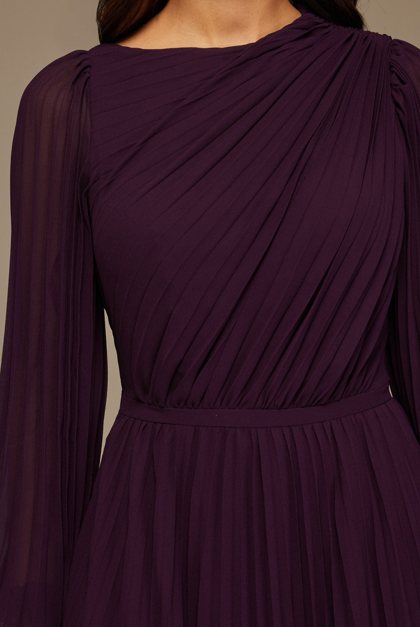 Dark Purple Pleated Long Sleeve Maxi Dress - shopaleena