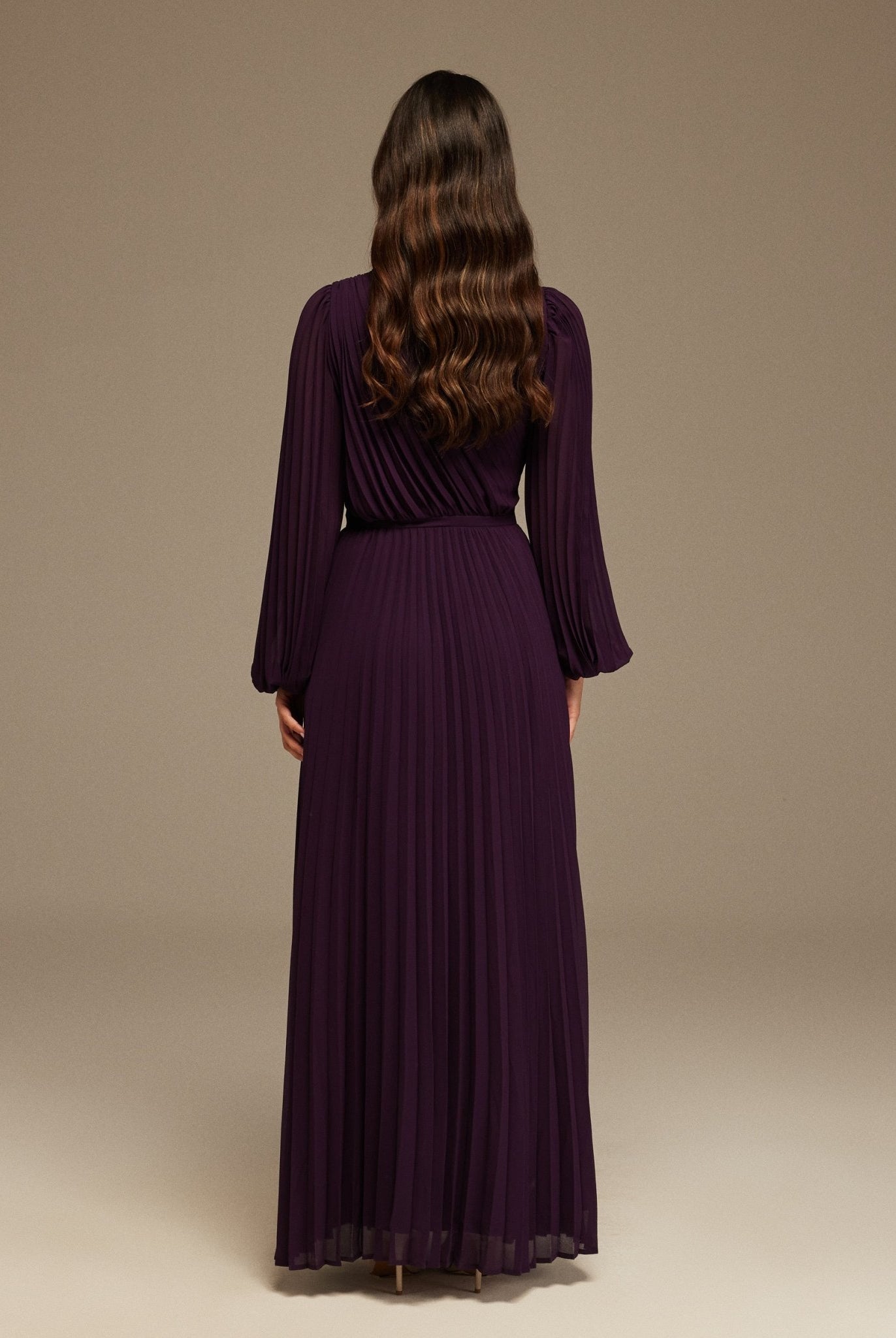 Dark Purple Pleated Long Sleeve Maxi Dress - shopaleena