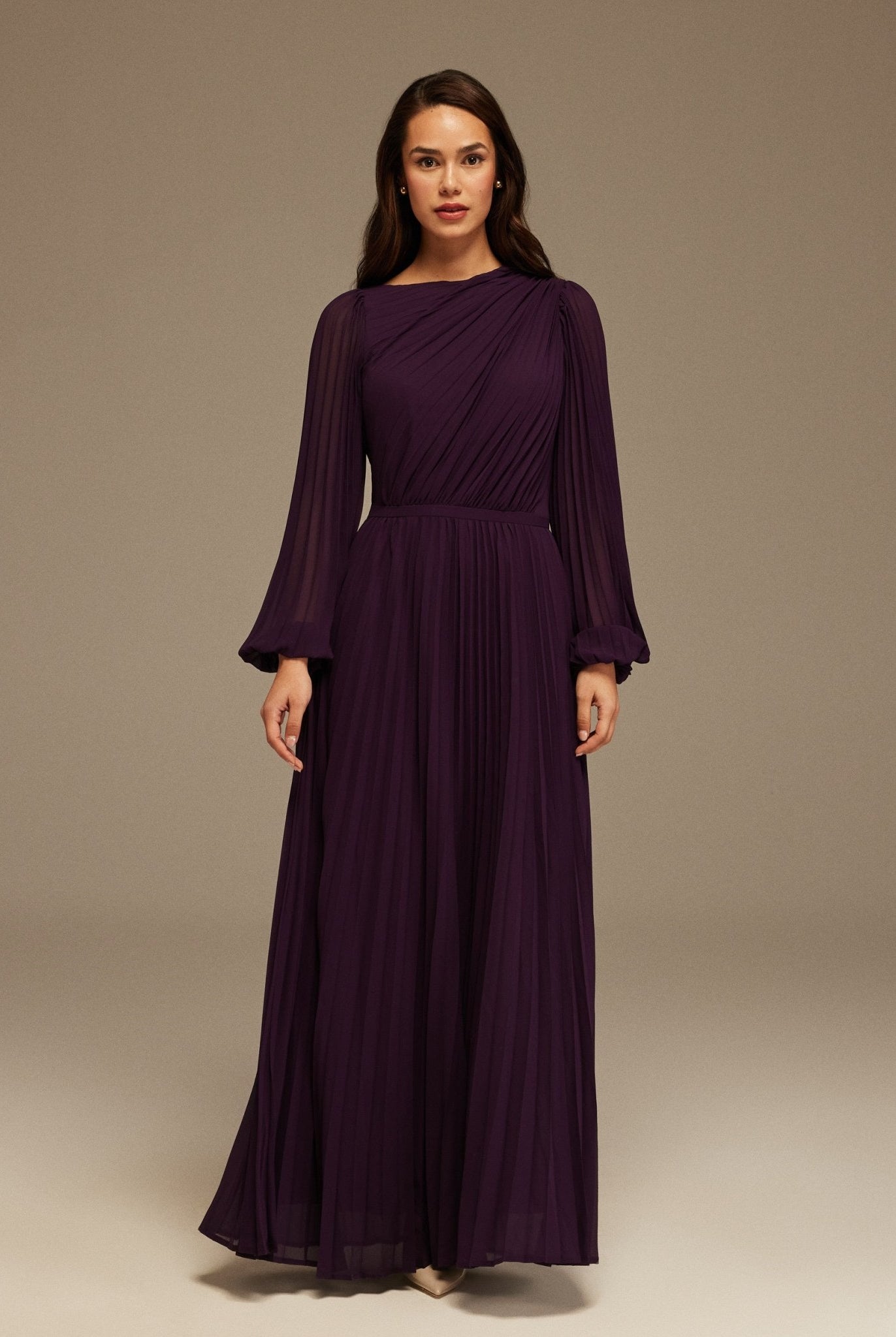 Dark Purple Pleated Long Sleeve Maxi Dress - shopaleena