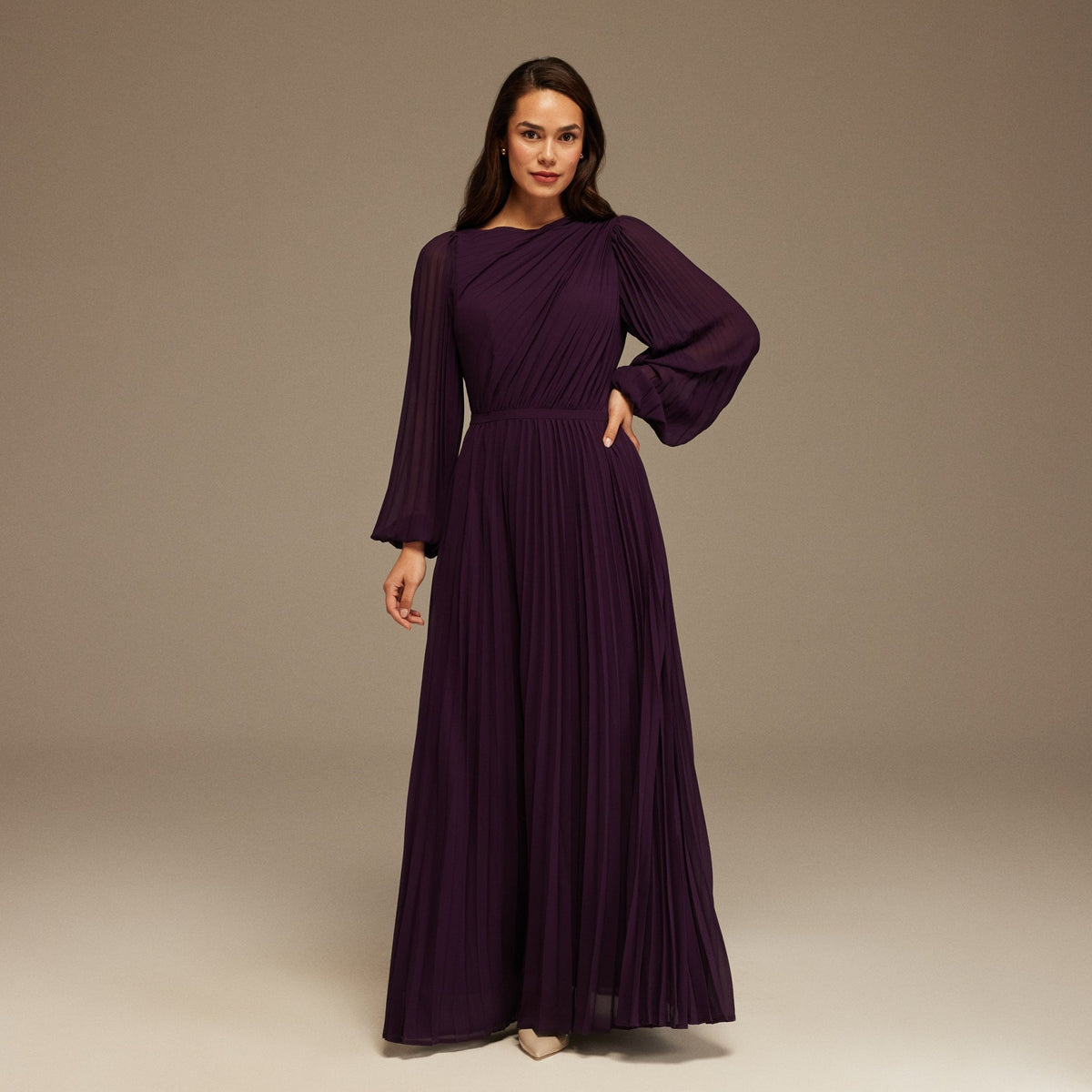 plain purple long sleeve dress Dark Purple Pleated Long Sleeve Maxi Dress – shopaleena
