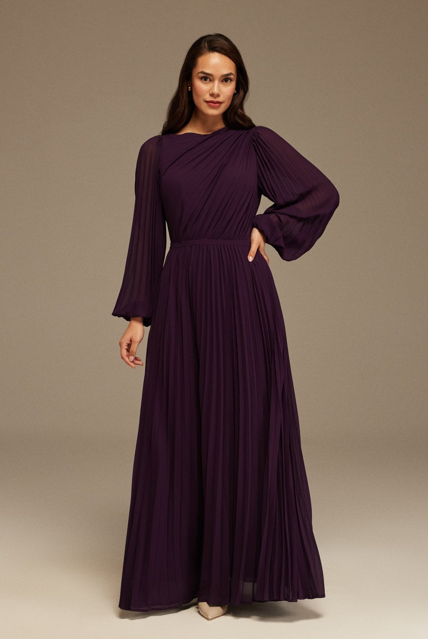 Dark Purple Pleated Long Sleeve Maxi Dress - shopaleena