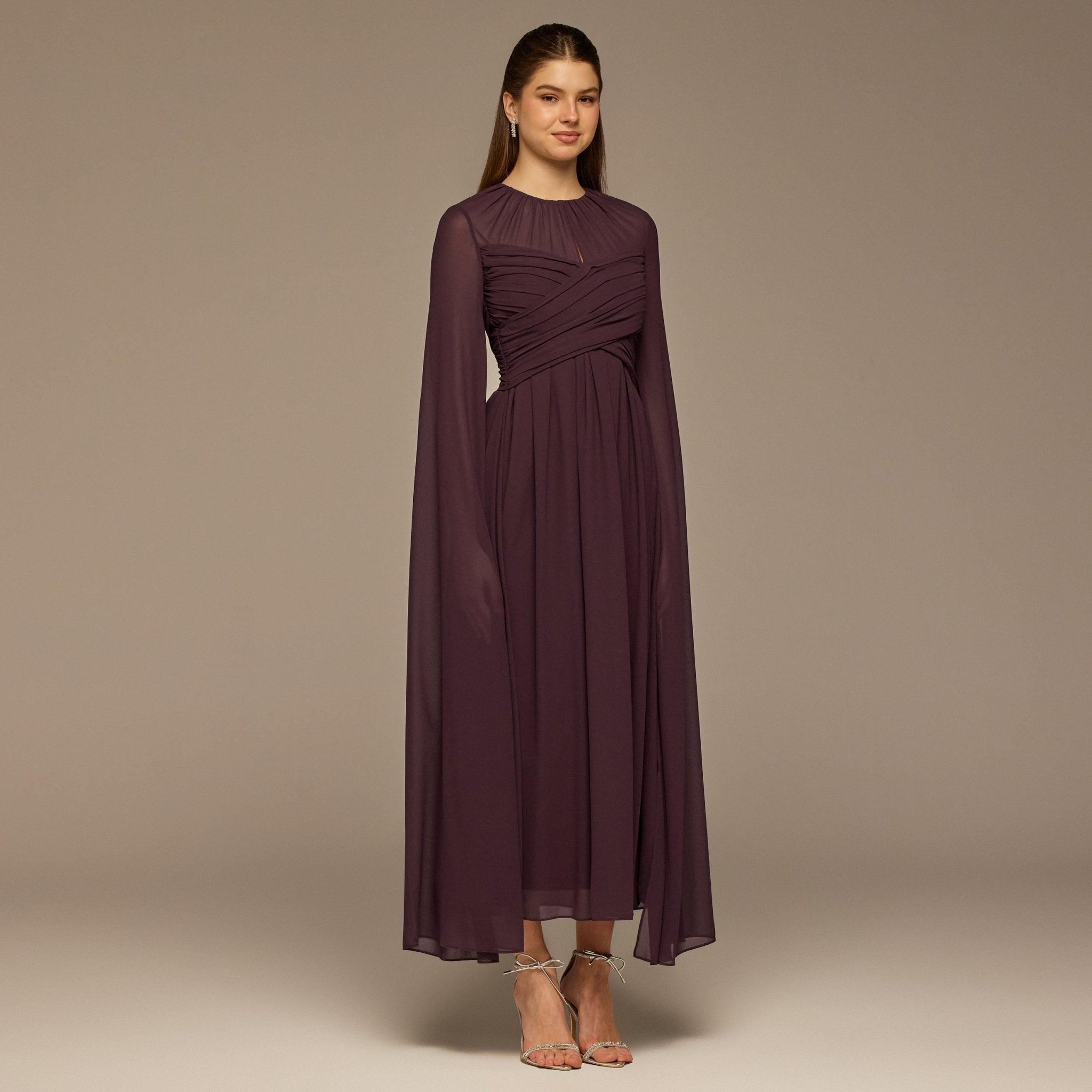 Dark Purple Round Gathered - Neck Chiffon Maxi Dress - shopaleena