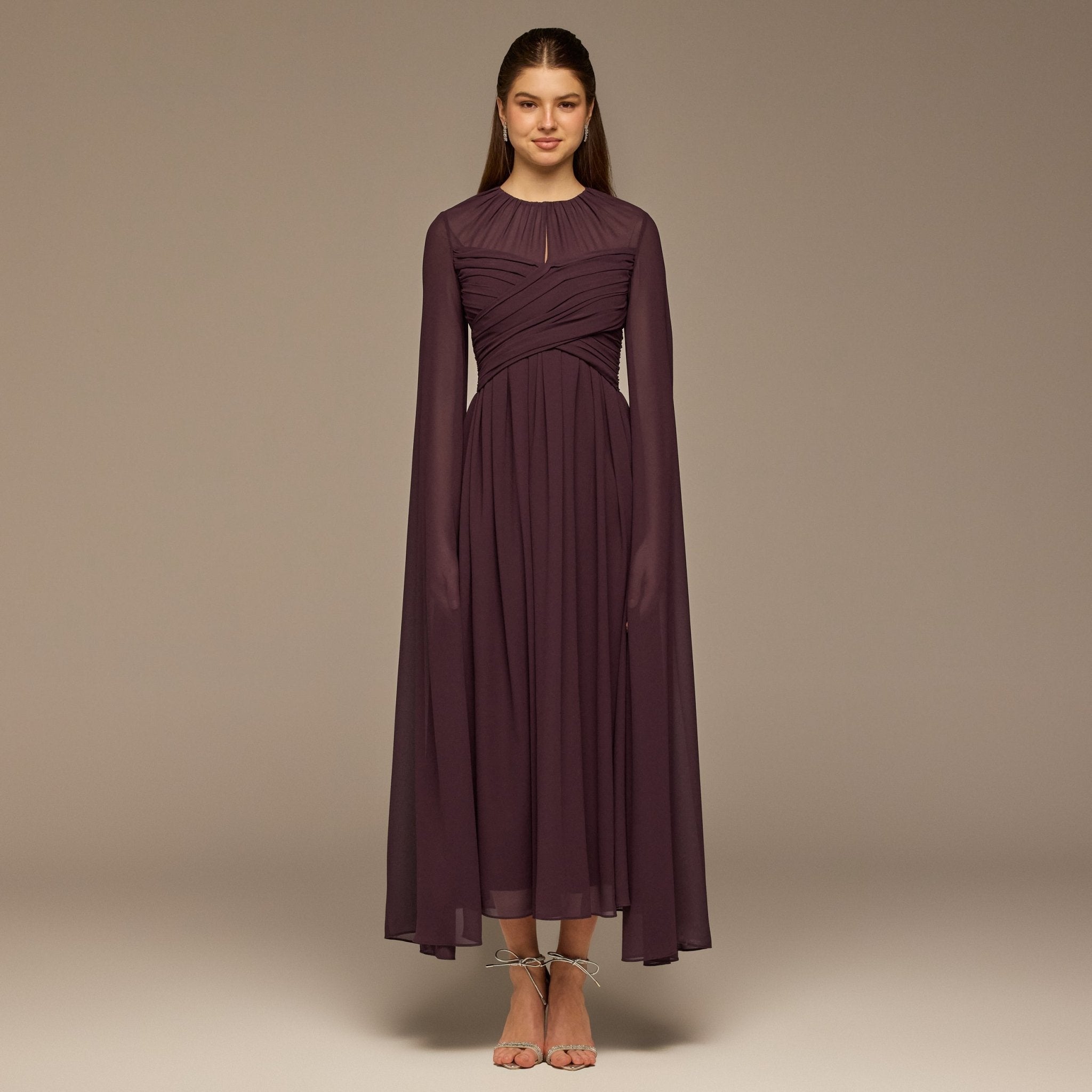 Dark Purple Round Gathered - Neck Chiffon Maxi Dress - shopaleena