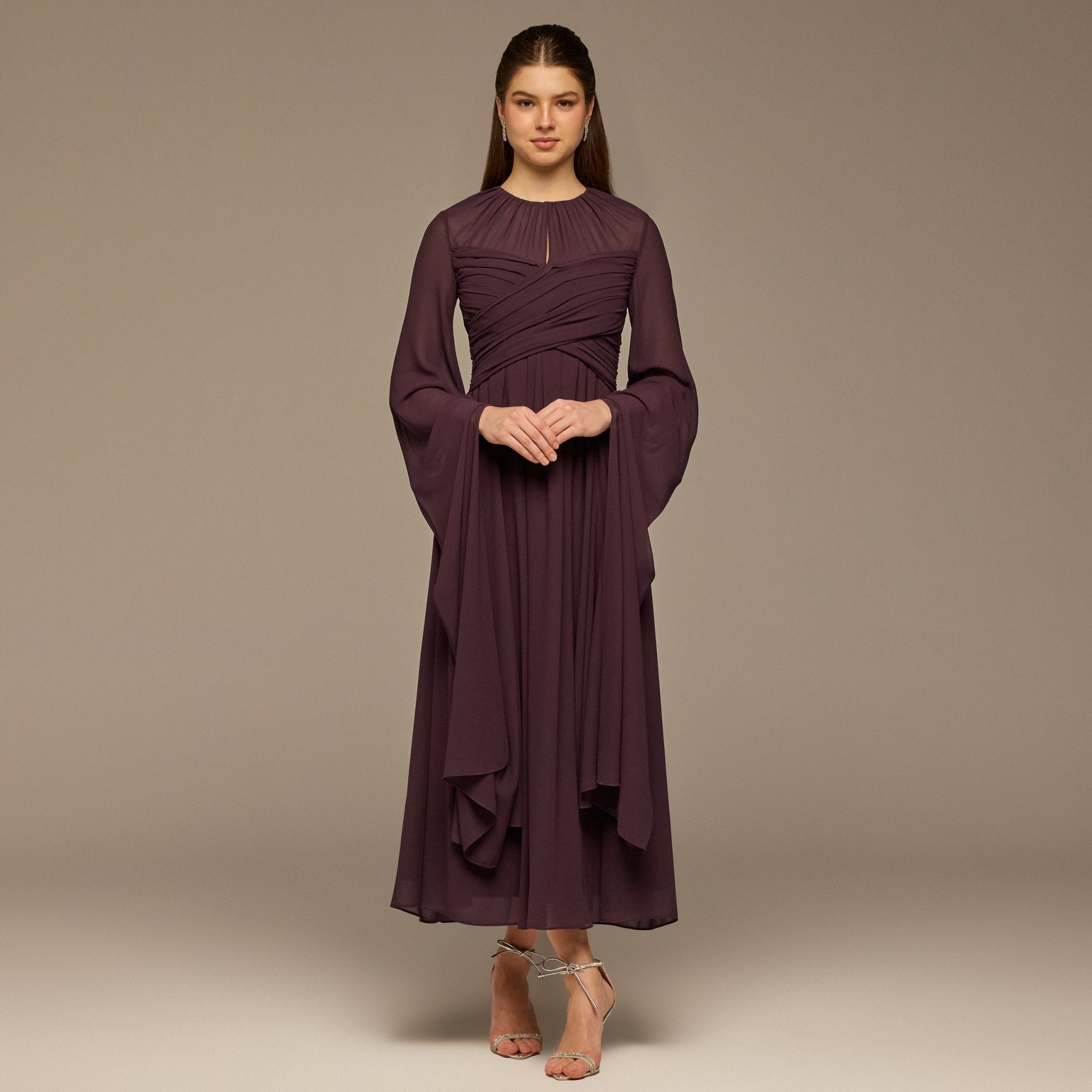 Dark Purple Round Gathered - Neck Chiffon Maxi Dress - shopaleena