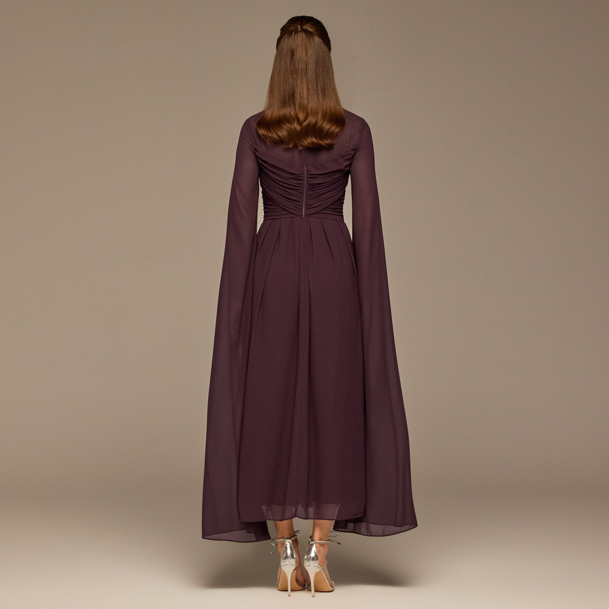 Dark Purple Round Gathered - Neck Chiffon Maxi Dress - shopaleena