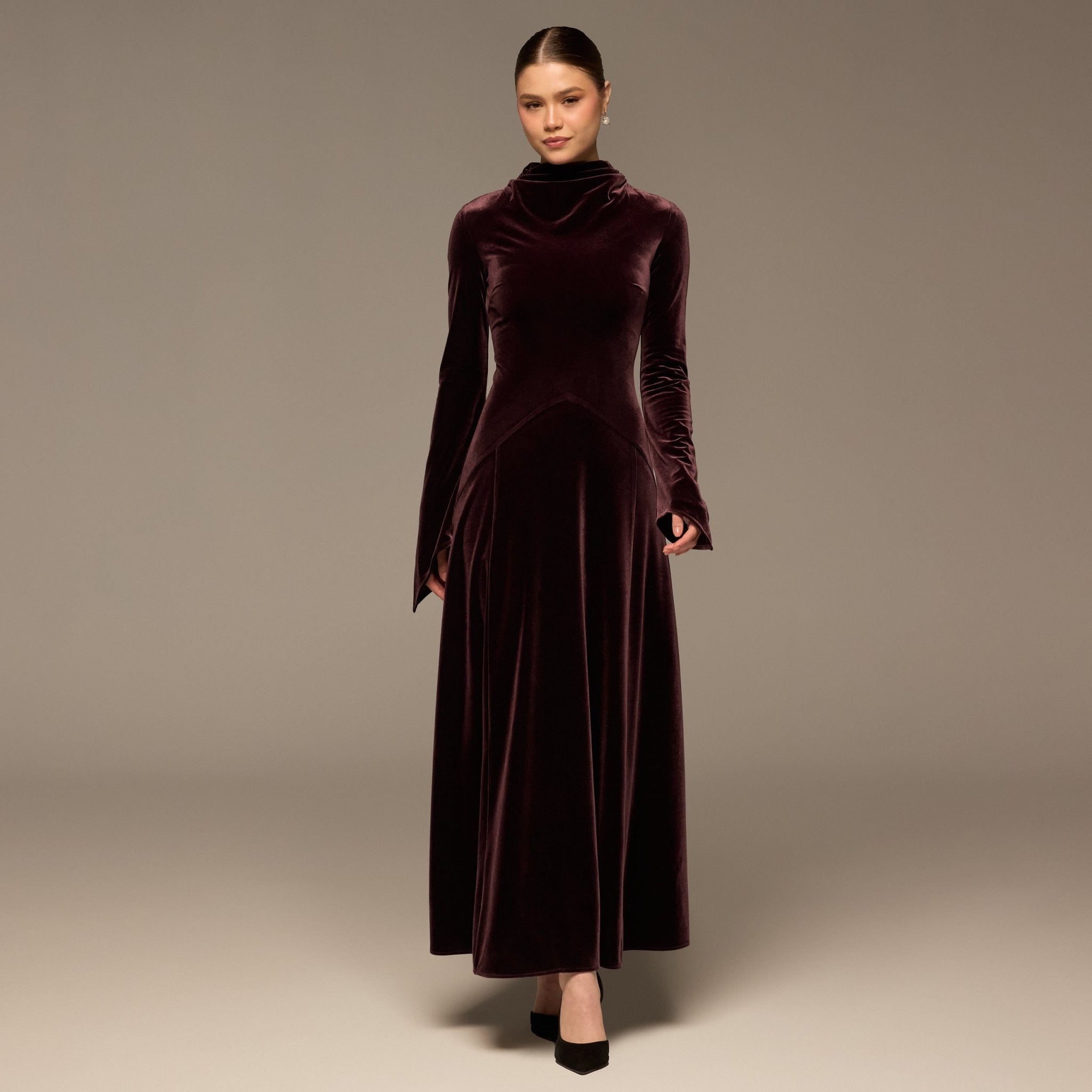 Dark Purple Velvet Cowl Neck Maxi Dress - shopaleena