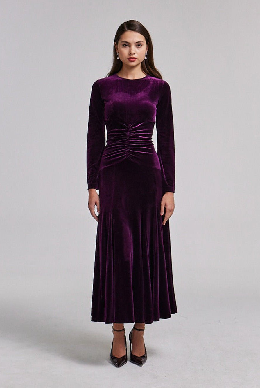 Dark Purple Velvet Gathered Waist Maxi Dress - shopaleena