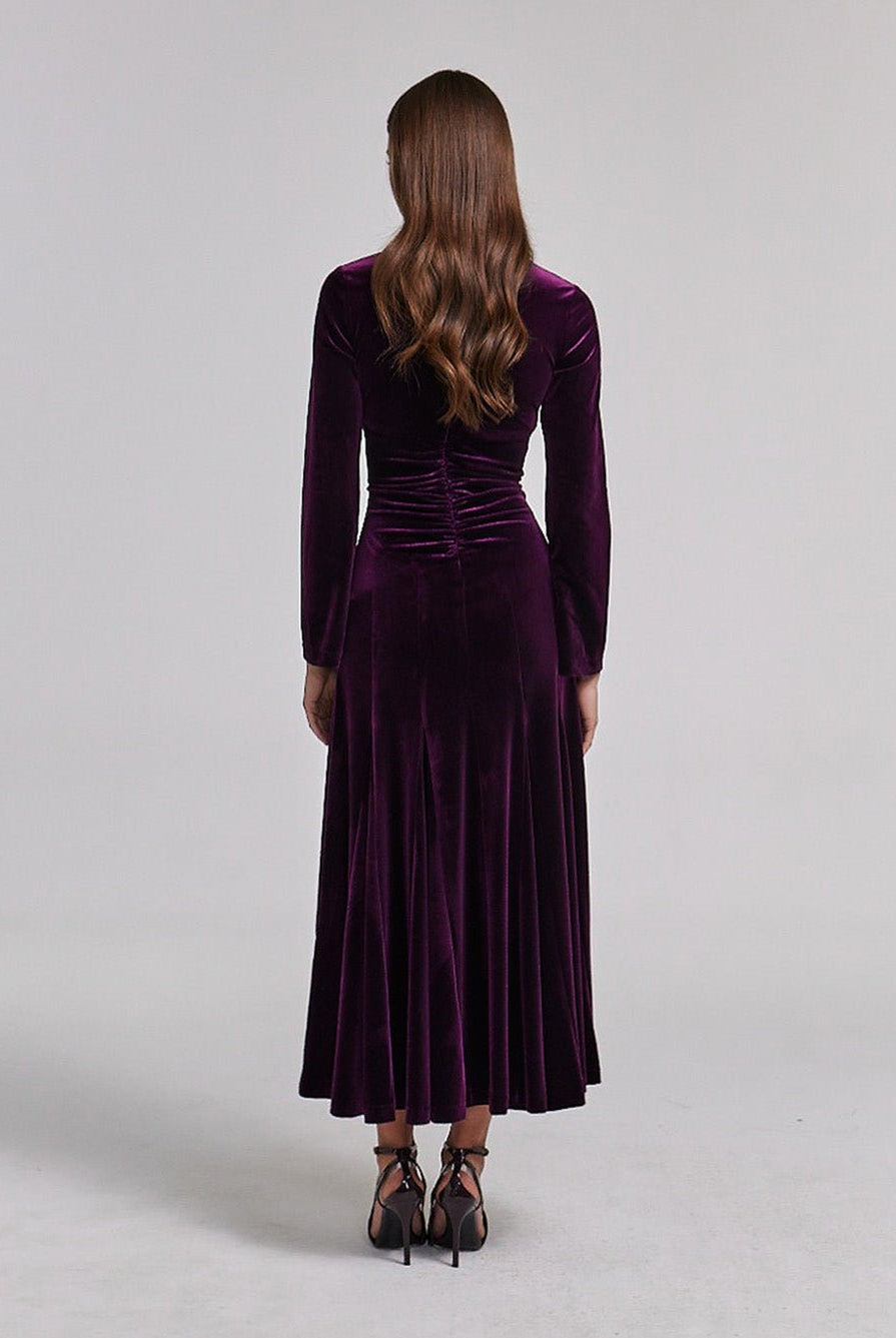 Dark Purple Velvet Gathered Waist Maxi Dress - shopaleena