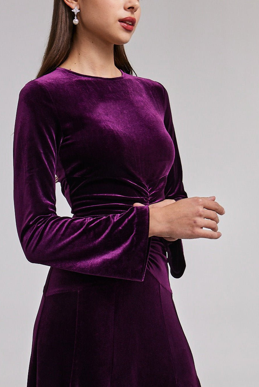 Dark Purple Velvet Gathered Waist Maxi Dress - shopaleena