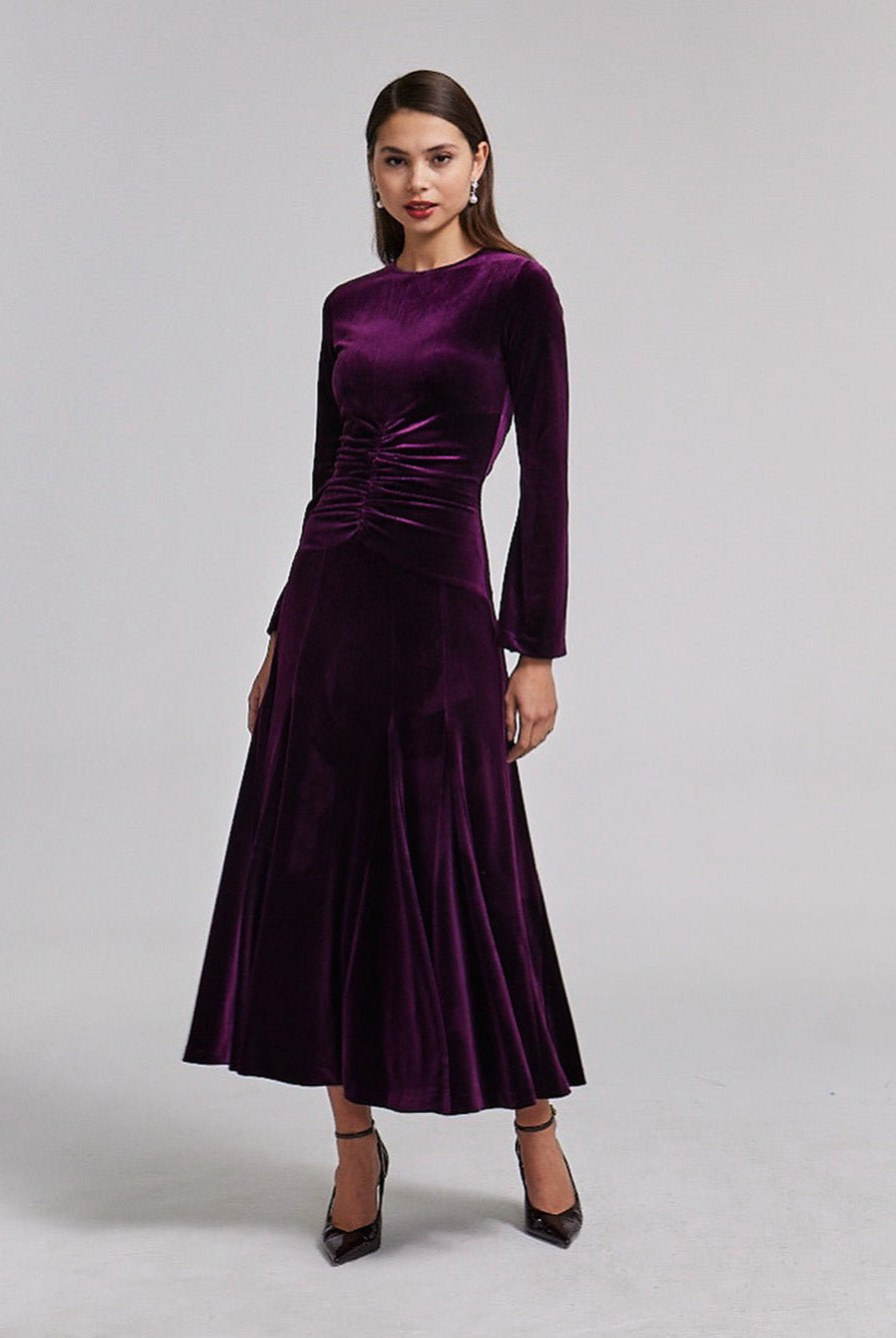 Dark Purple Velvet Gathered Waist Maxi Dress - shopaleena