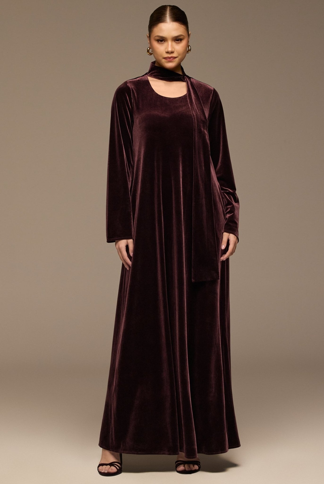 Dark Purple Velvet Long - Sleeve Maxi Dress - shopaleena