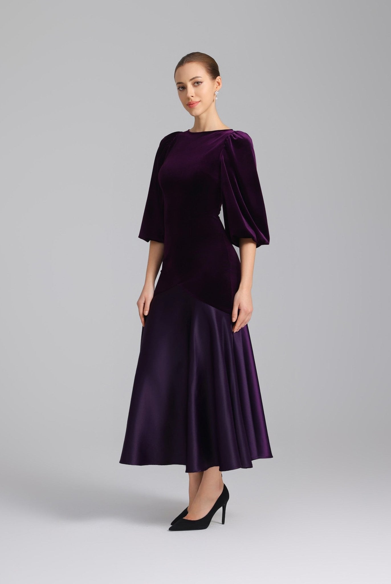 Dark Purple Velvet - Satin Balloon Sleeve Midi Dress - shopaleena