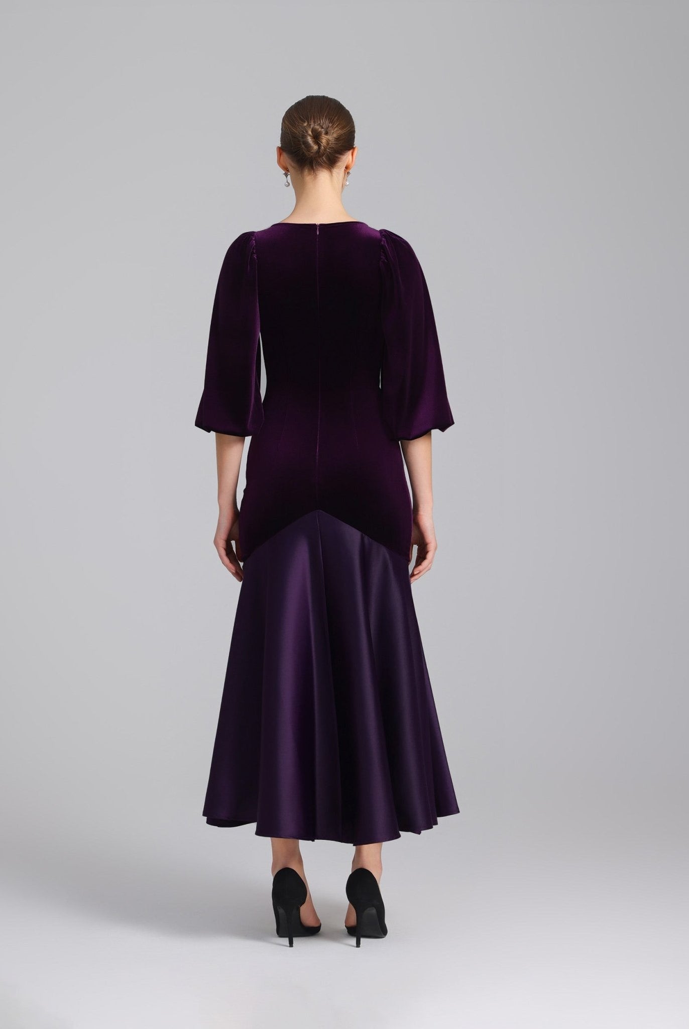 Dark Purple Velvet - Satin Balloon Sleeve Midi Dress - shopaleena