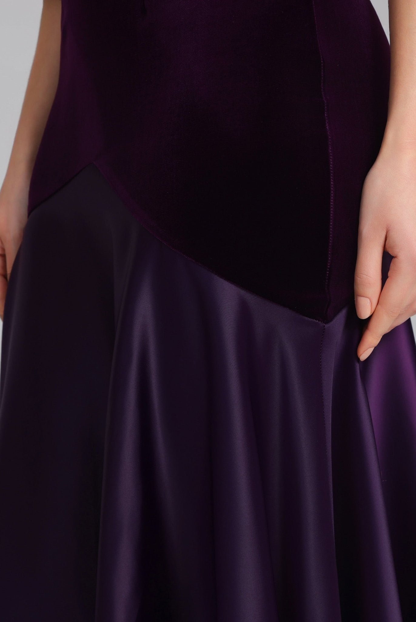 Dark Purple Velvet - Satin Balloon Sleeve Midi Dress - shopaleena