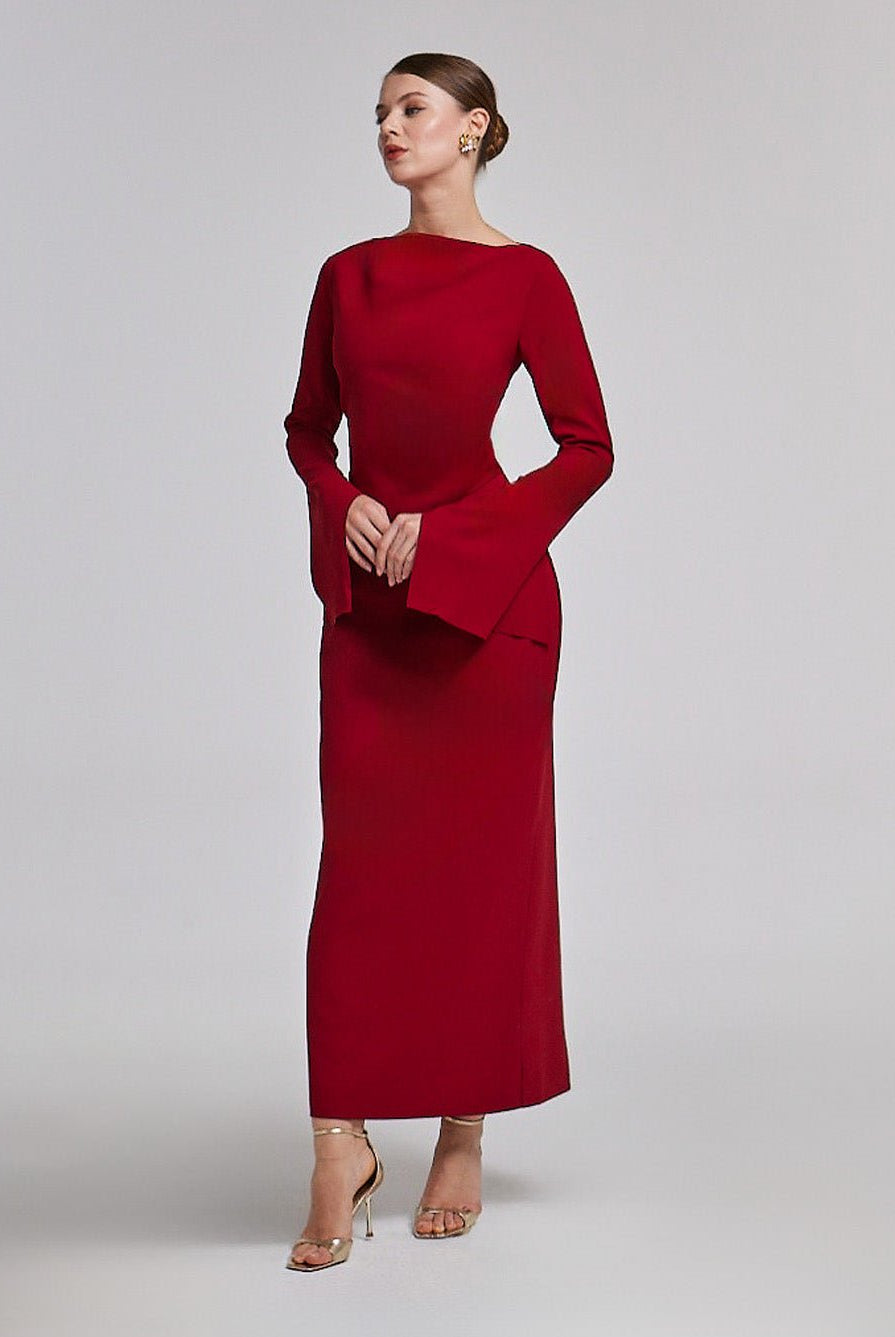 Dark Red Flared Long Sleeve Maxi Dress - shopaleena