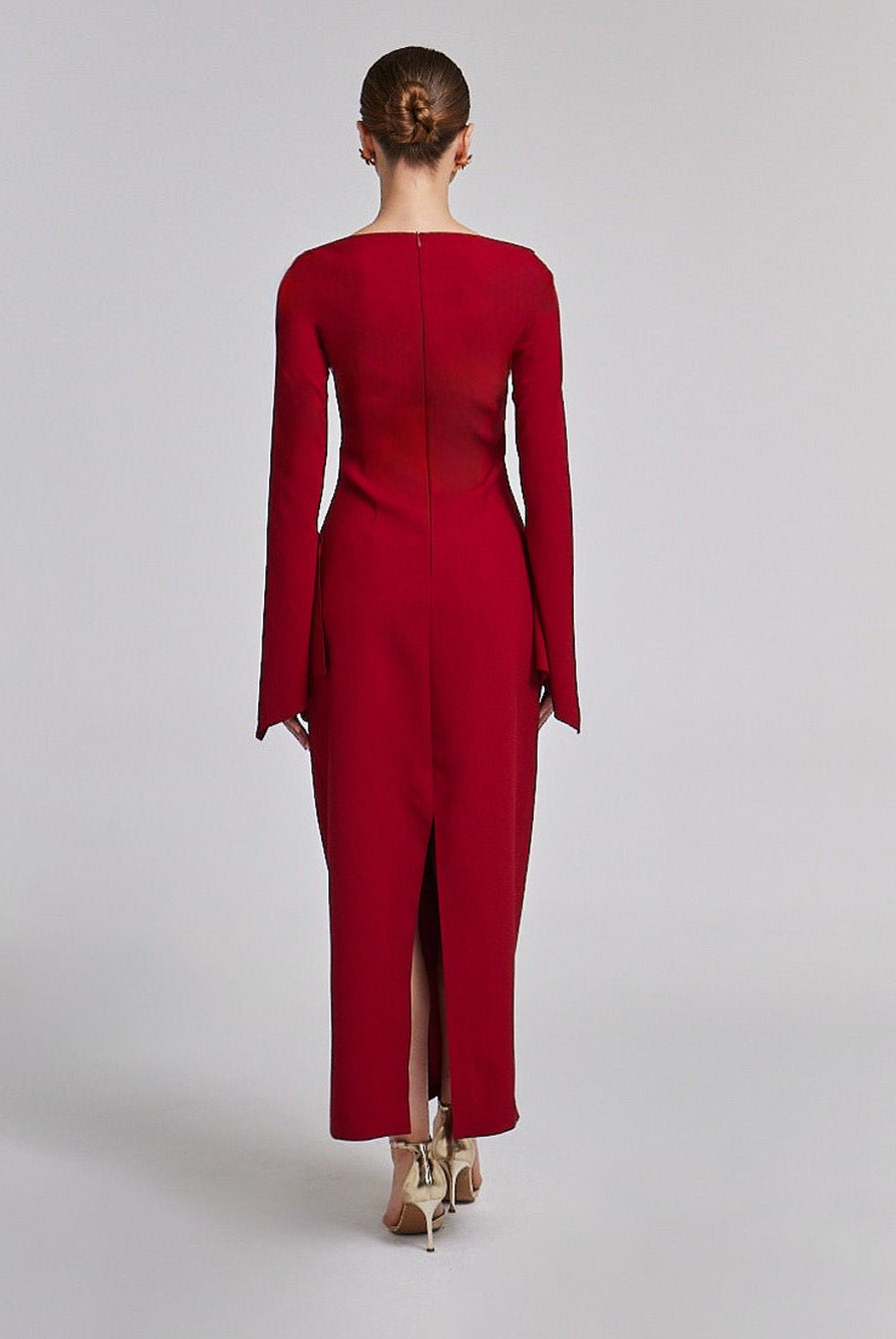 Dark Red Flared Long Sleeve Maxi Dress - shopaleena
