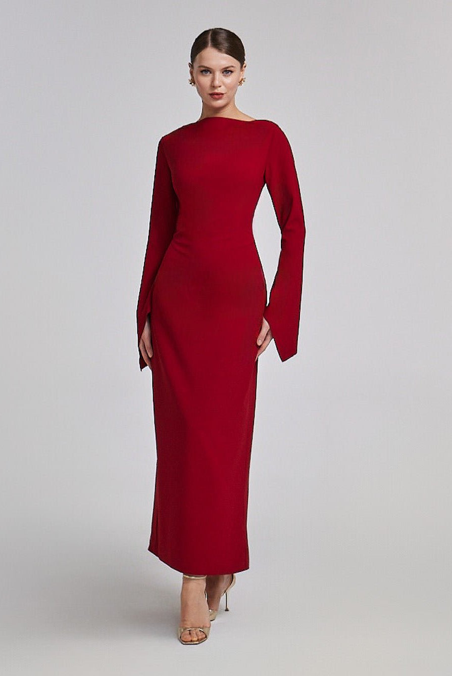 Dark Red Flared Long Sleeve Maxi Dress - shopaleena