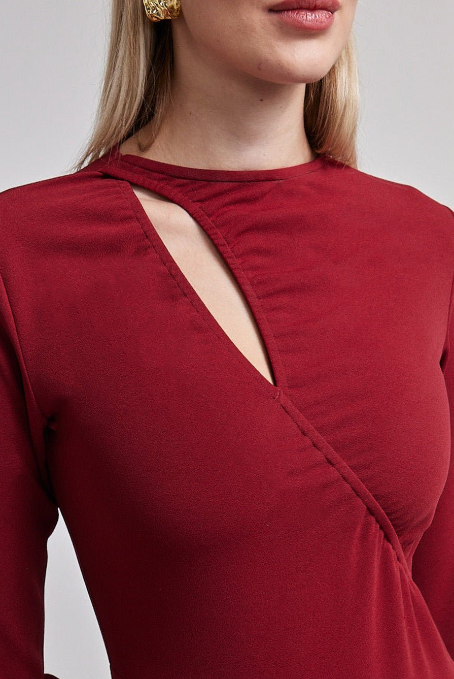 Dark Red Gathered Chest Crepe Midi Dress - shopaleena