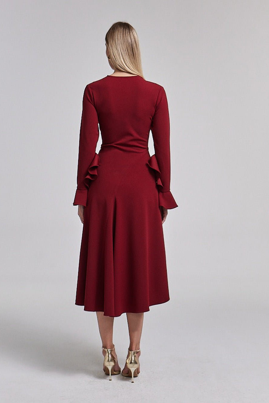 Dark Red Gathered Chest Crepe Midi Dress - shopaleena