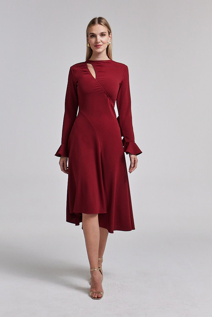 Dark Red Gathered Chest Crepe Midi Dress - shopaleena