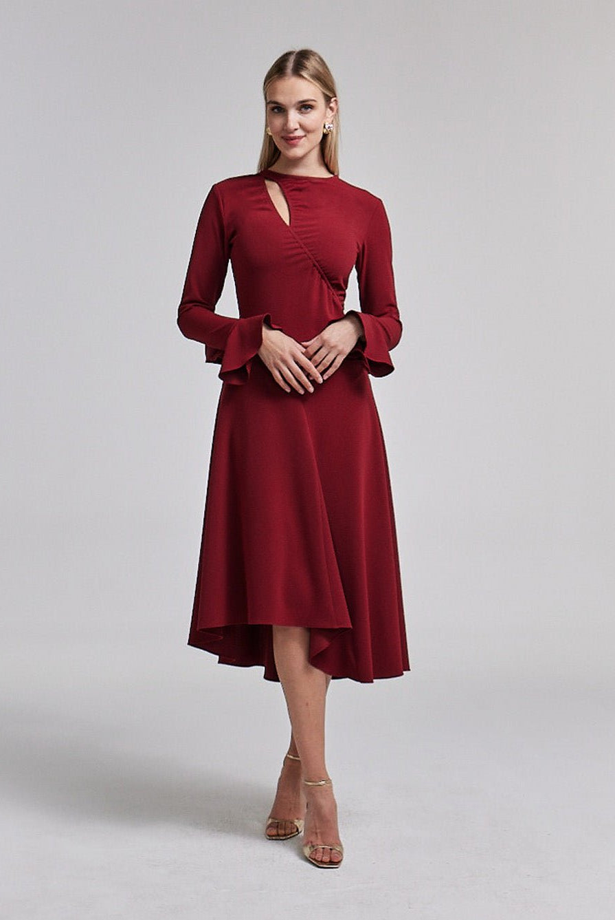 Dark Red Gathered Chest Crepe Midi Dress - shopaleena