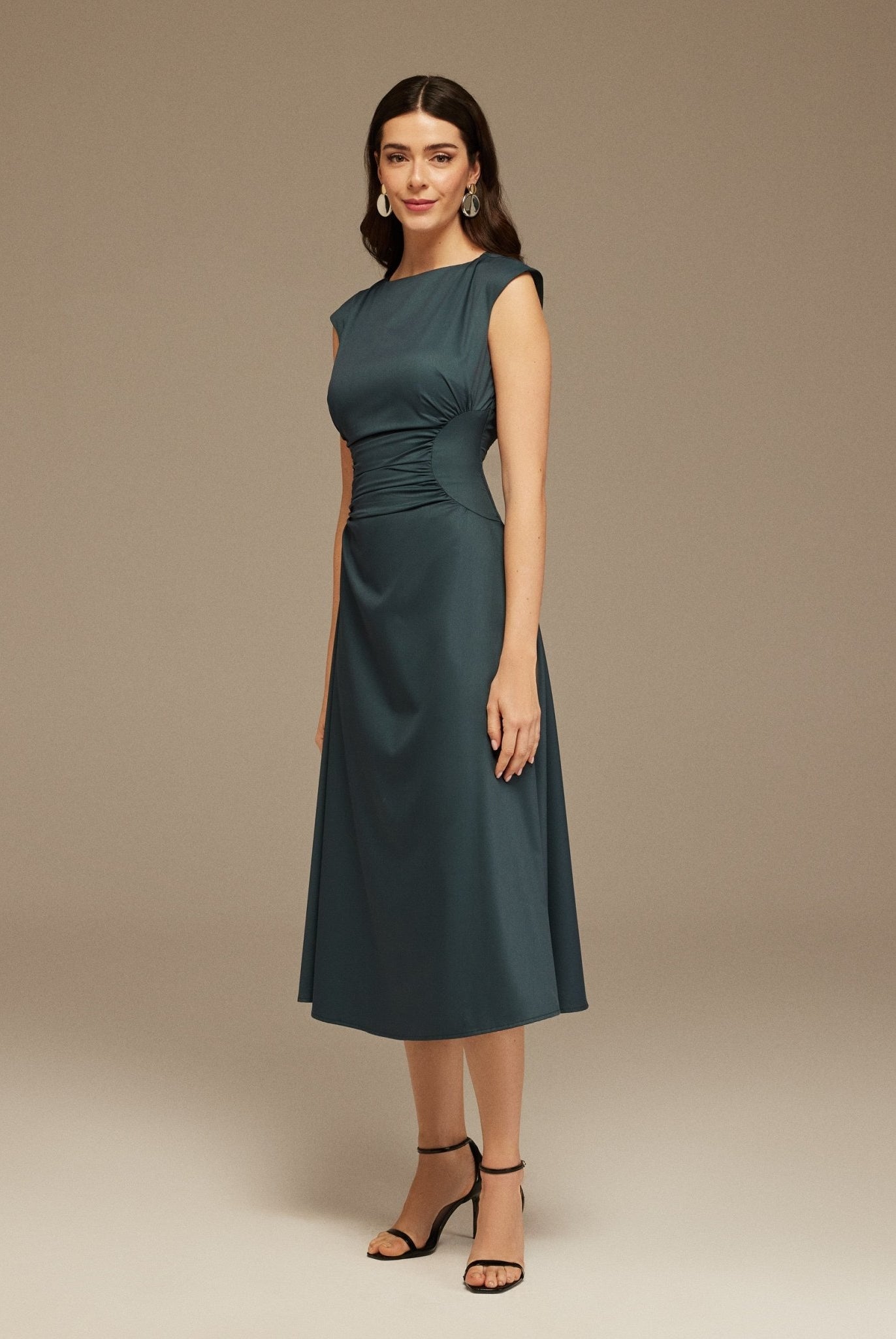 Dark Teal Sleeveless Maxi Dress With Gathered Waist - shopaleena
