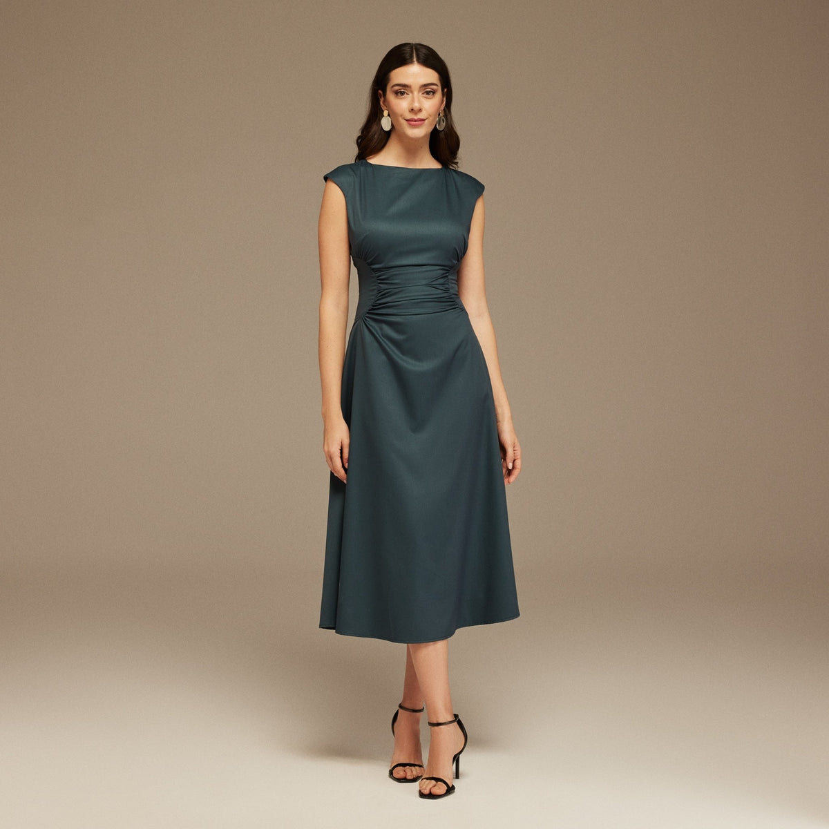 Dark Teal Sleeveless Midi Dress With Gathered Waist – shopaleena