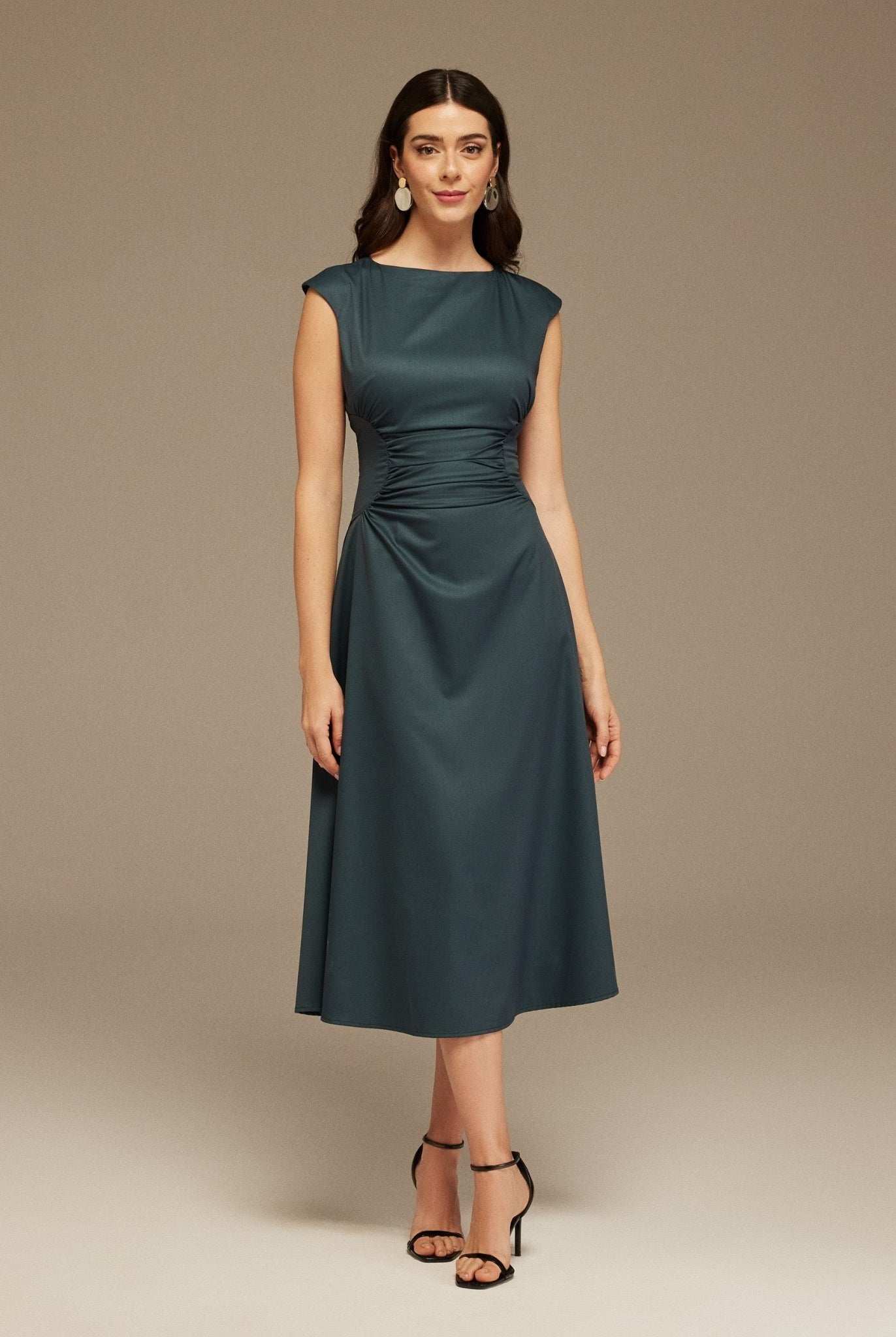 Dark Teal Sleeveless Maxi Dress With Gathered Waist - shopaleena