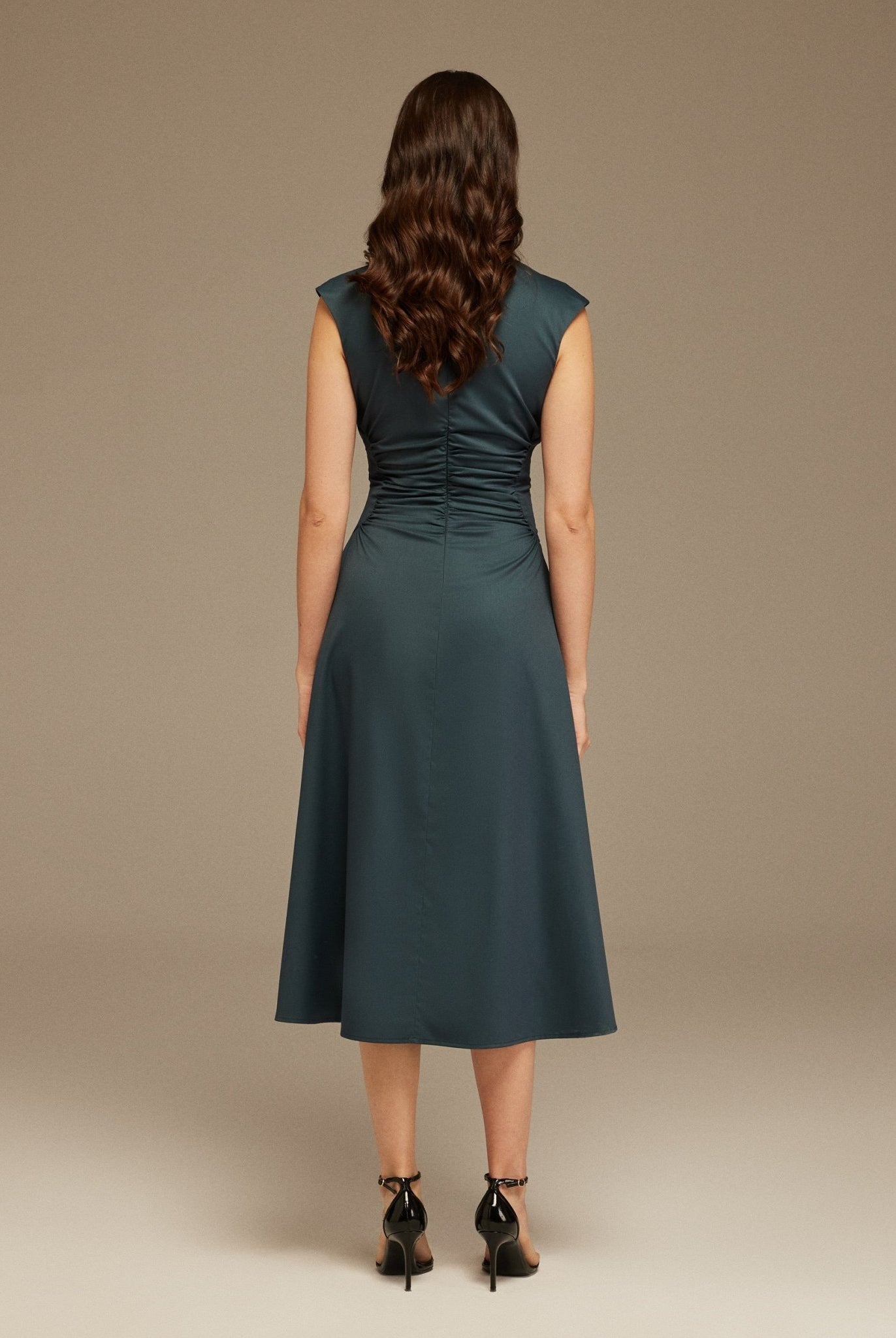 Dark Teal Sleeveless Maxi Dress With Gathered Waist - shopaleena