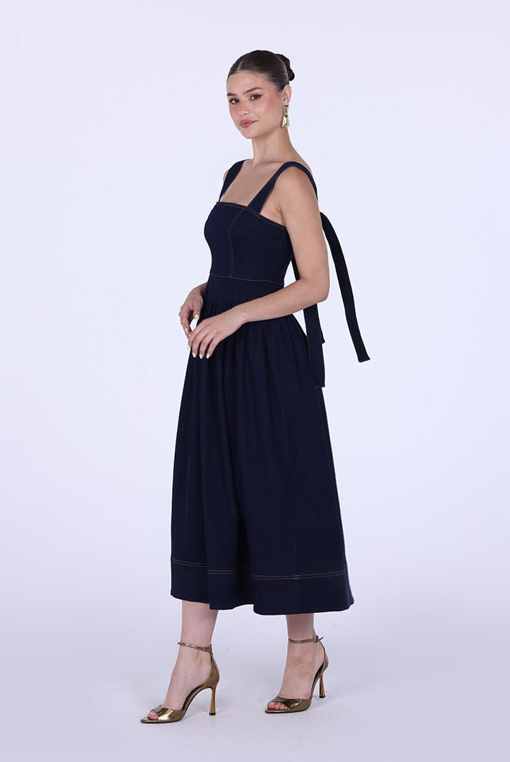 Denim Midi A - line Dress with Pleated Waist - shopaleena
