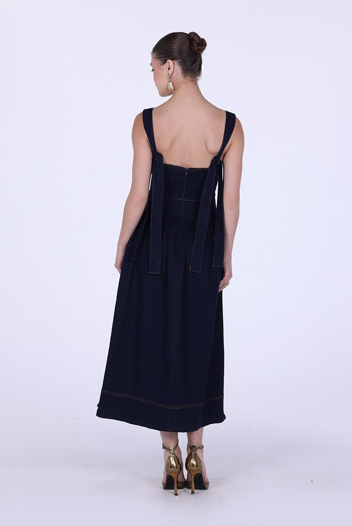 Denim Midi A - line Dress with Pleated Waist - shopaleena