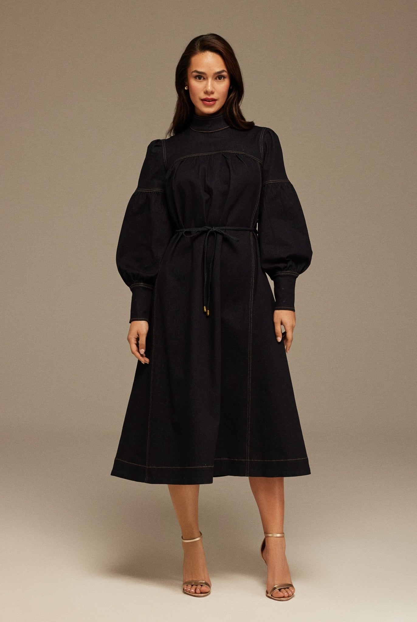 Denim Puff Sleeve Midi Dress with a tie neck detail - shopaleena