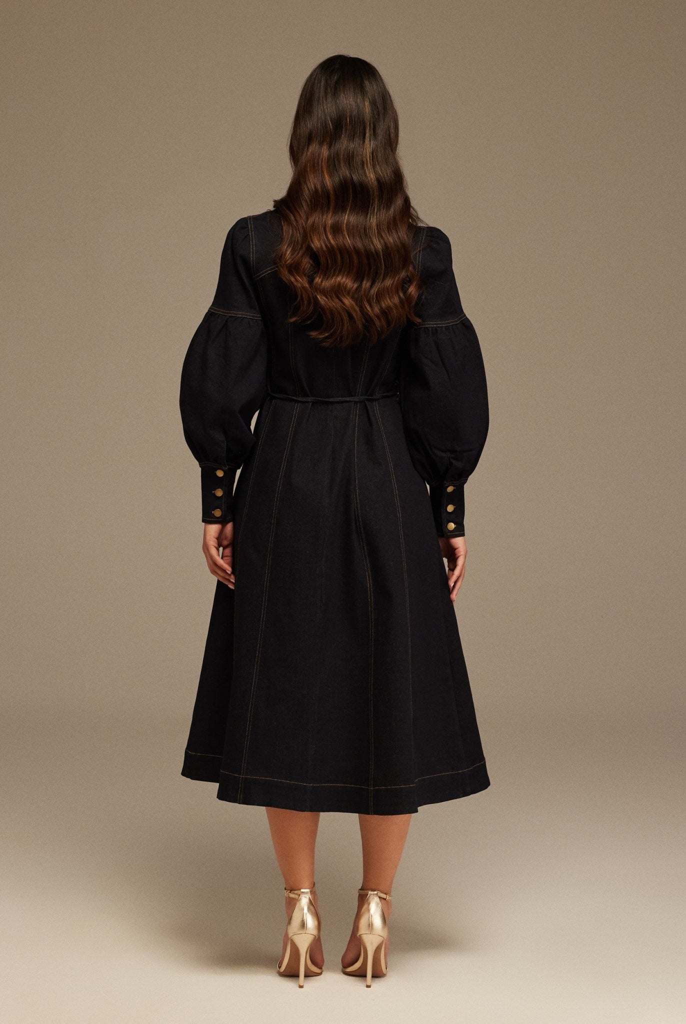 Denim Puff Sleeve Midi Dress with a tie neck detail - shopaleena