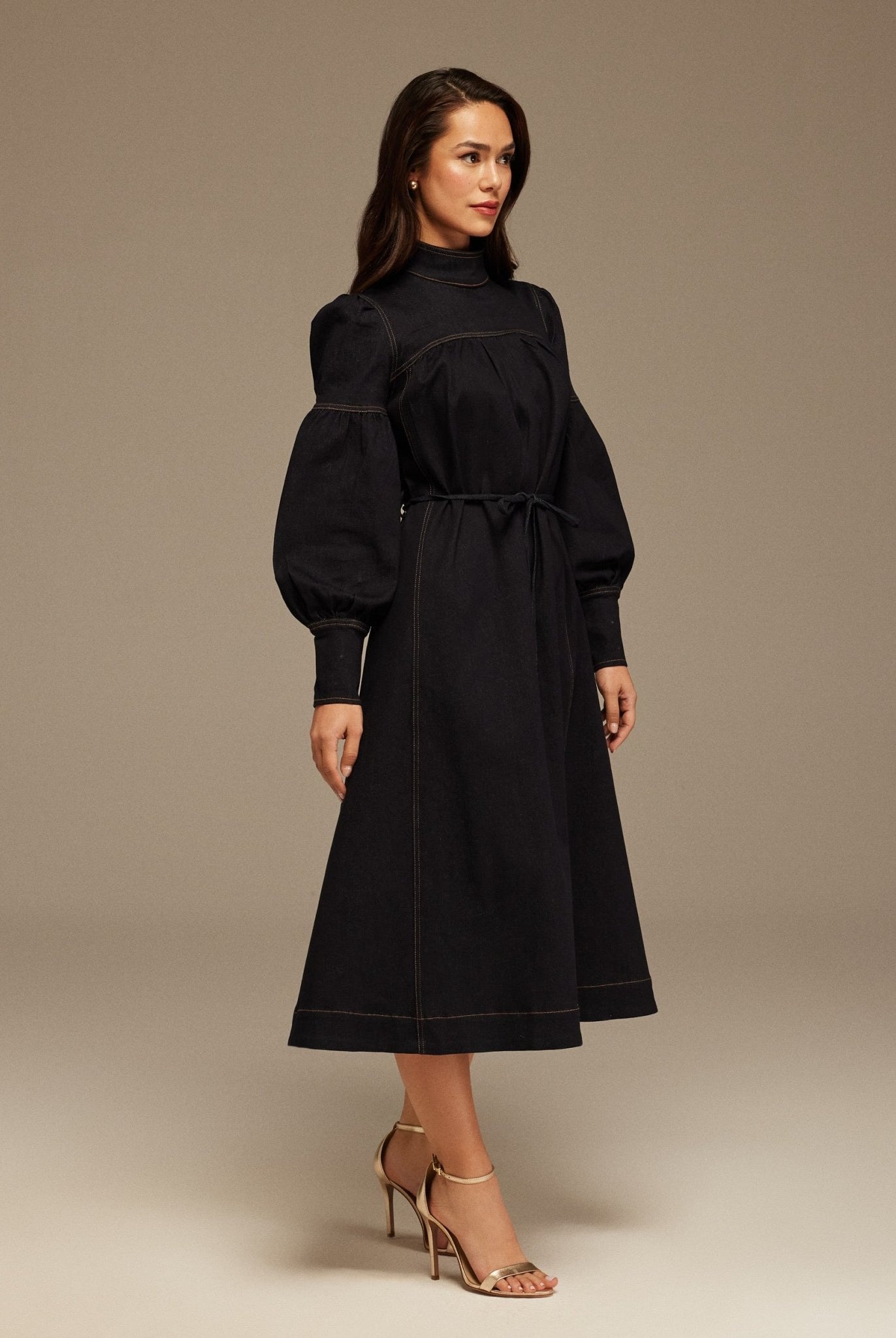 Denim Puff Sleeve Midi Dress with a tie neck detail - shopaleena