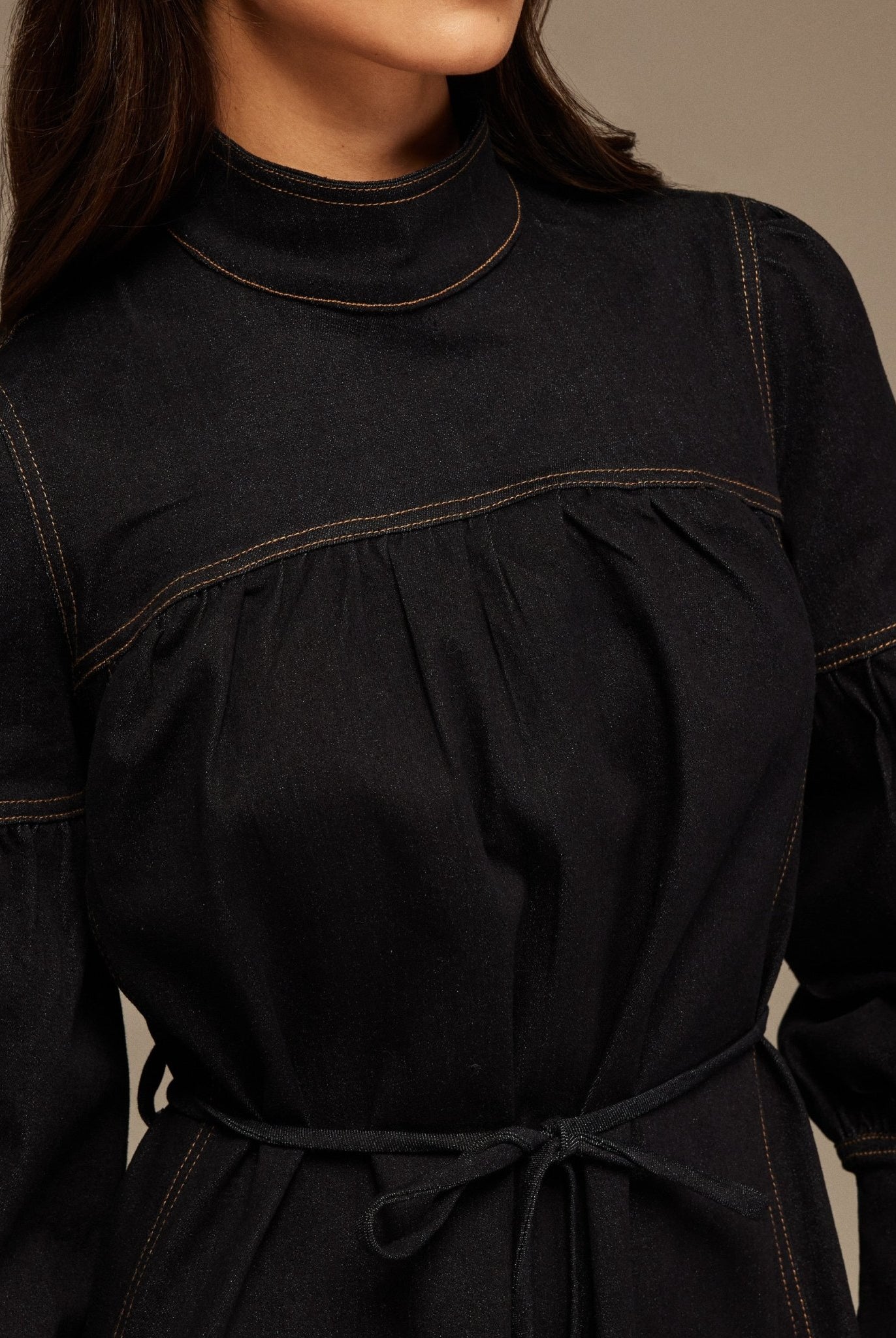 Denim Puff Sleeve Midi Dress with a tie neck detail - shopaleena