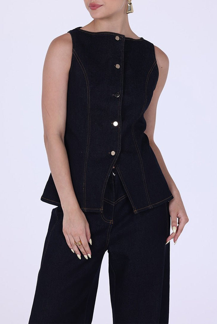 Denim Sleeveless Top With Buttons - shopaleena