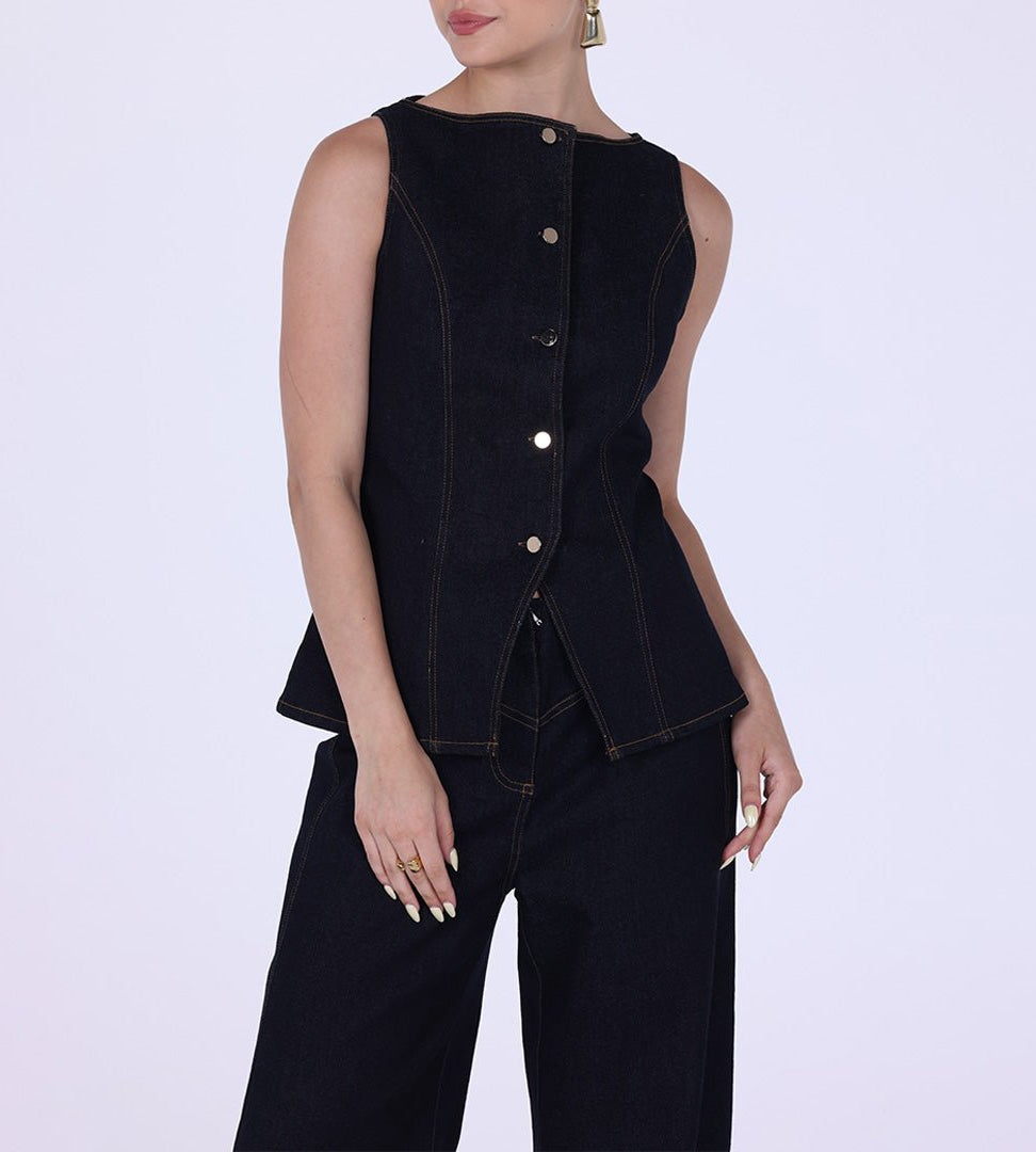 Denim Sleeveless Top With Buttons - shopaleena