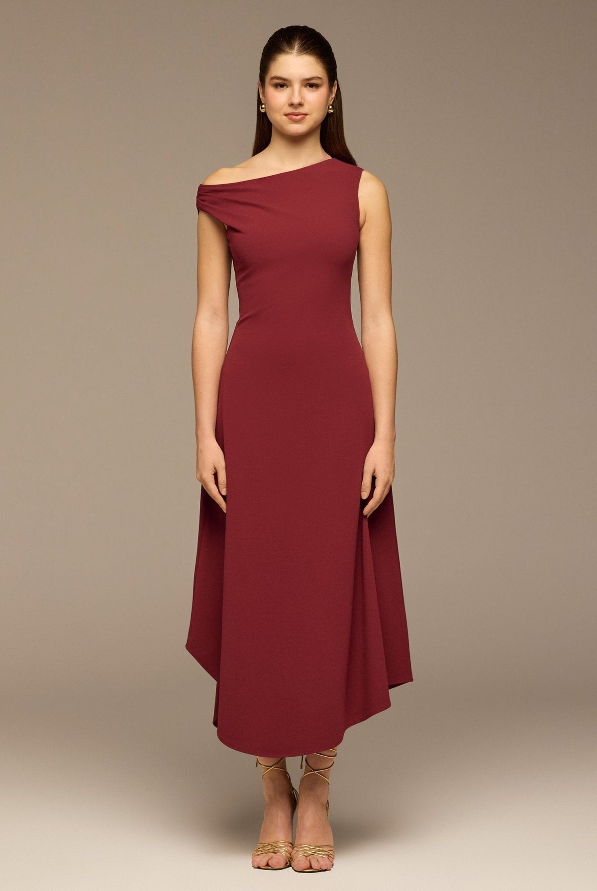 Draped A-Line Crepe Midi Dress - shopaleena