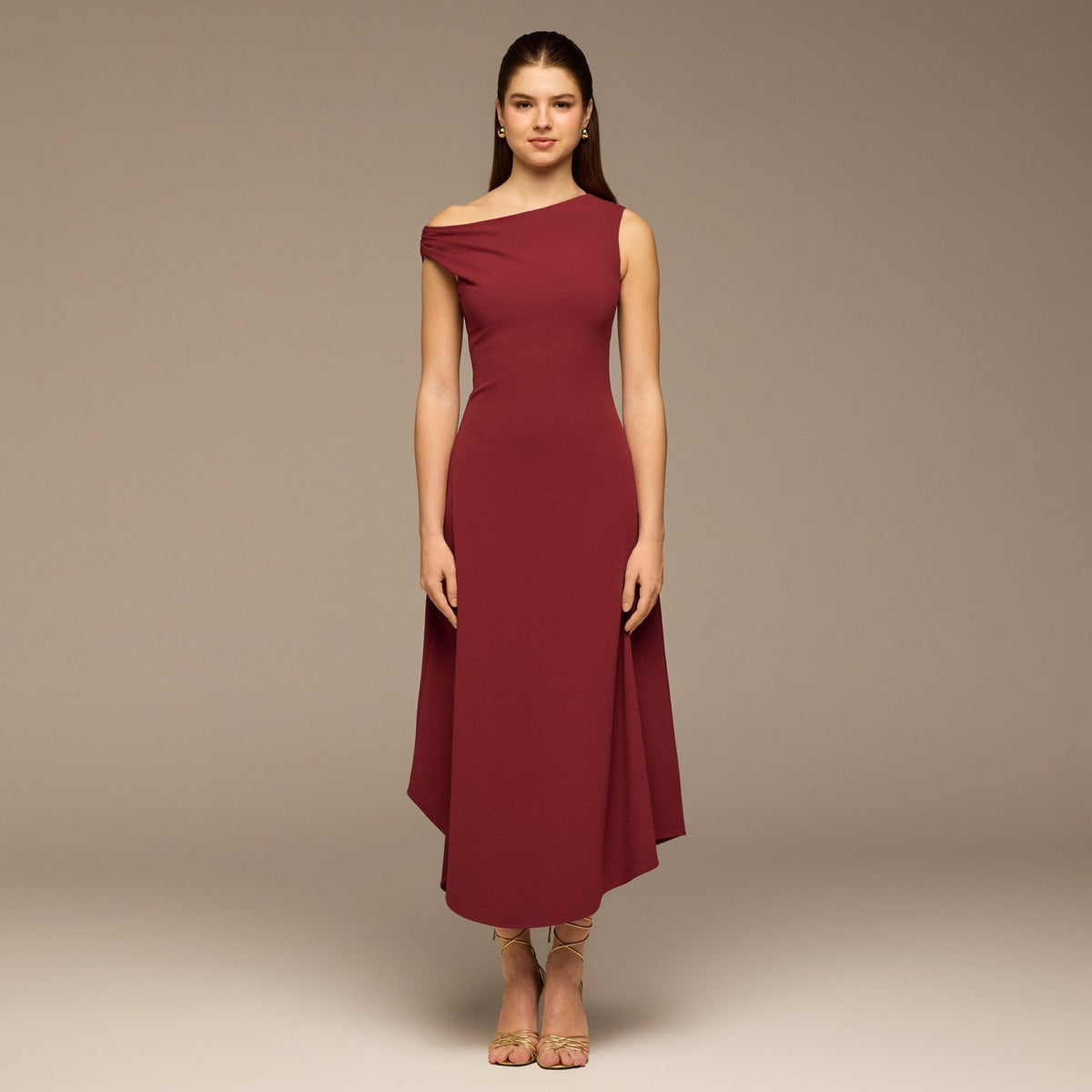 Draped A-Line Crepe Midi Dress - shopaleena