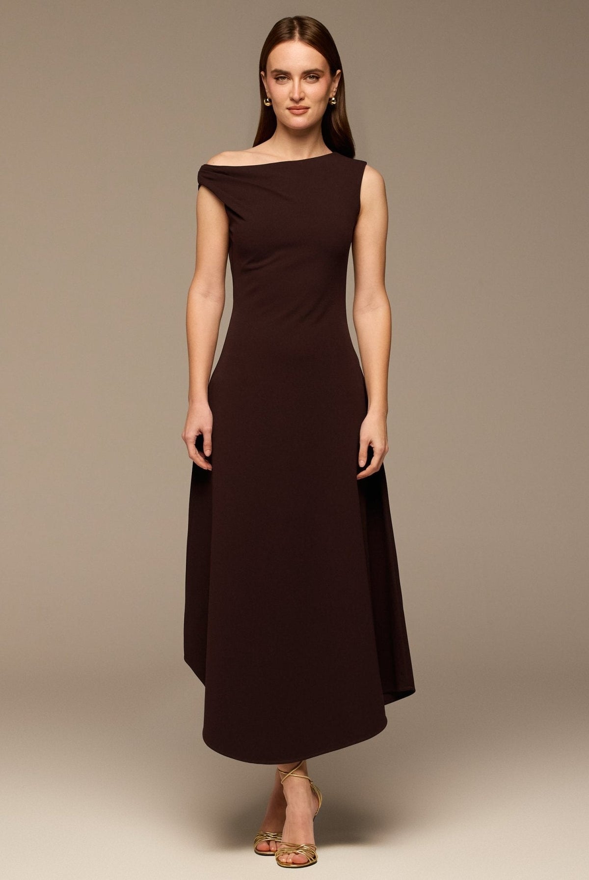 Draped A-Line Crepe Midi Dress - shopaleena