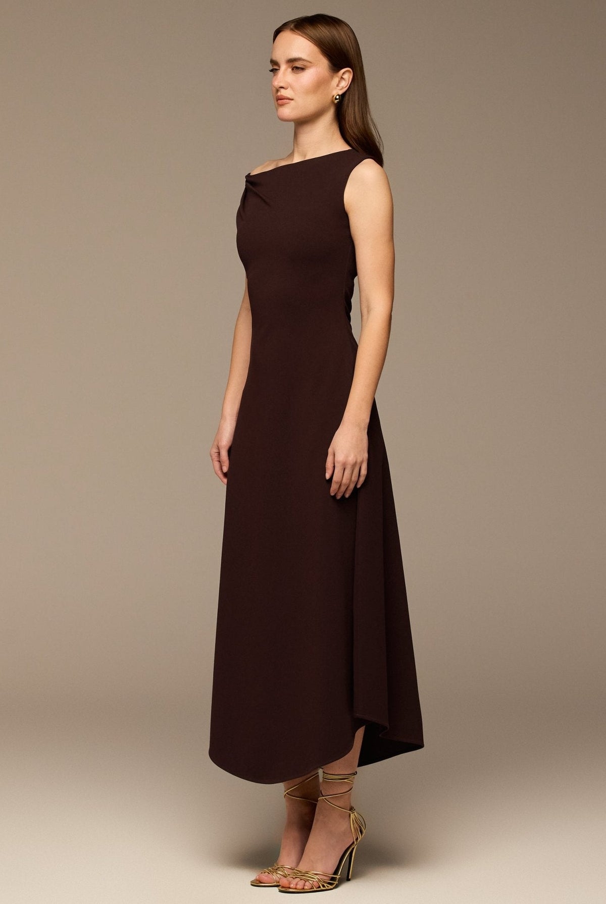 Draped A-Line Crepe Midi Dress - shopaleena
