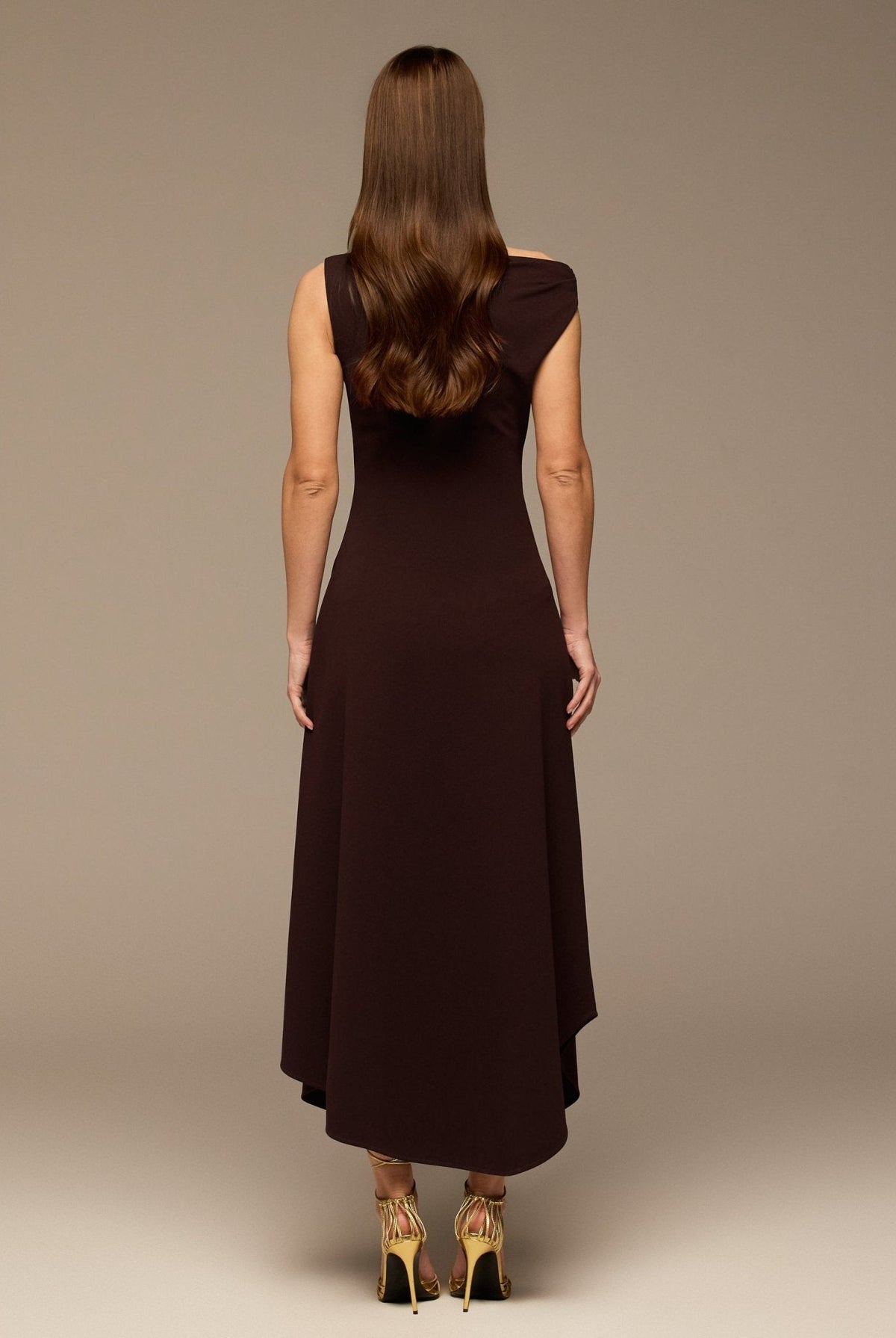 Draped A-Line Crepe Midi Dress - shopaleena