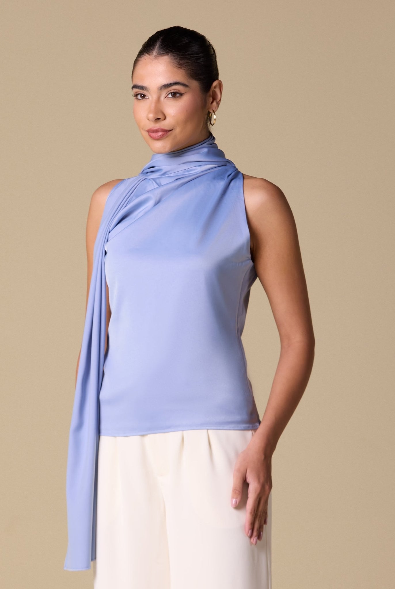 Draped Cowl Top with Attached Scarf - shopaleena