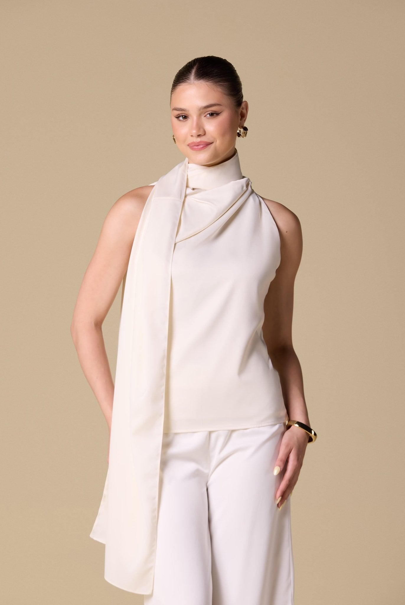 Draped Cowl Top with Attached Scarf - shopaleena
