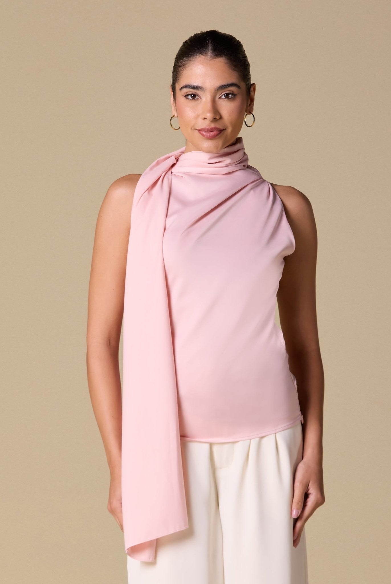 Draped Cowl Top with Attached Scarf - shopaleena