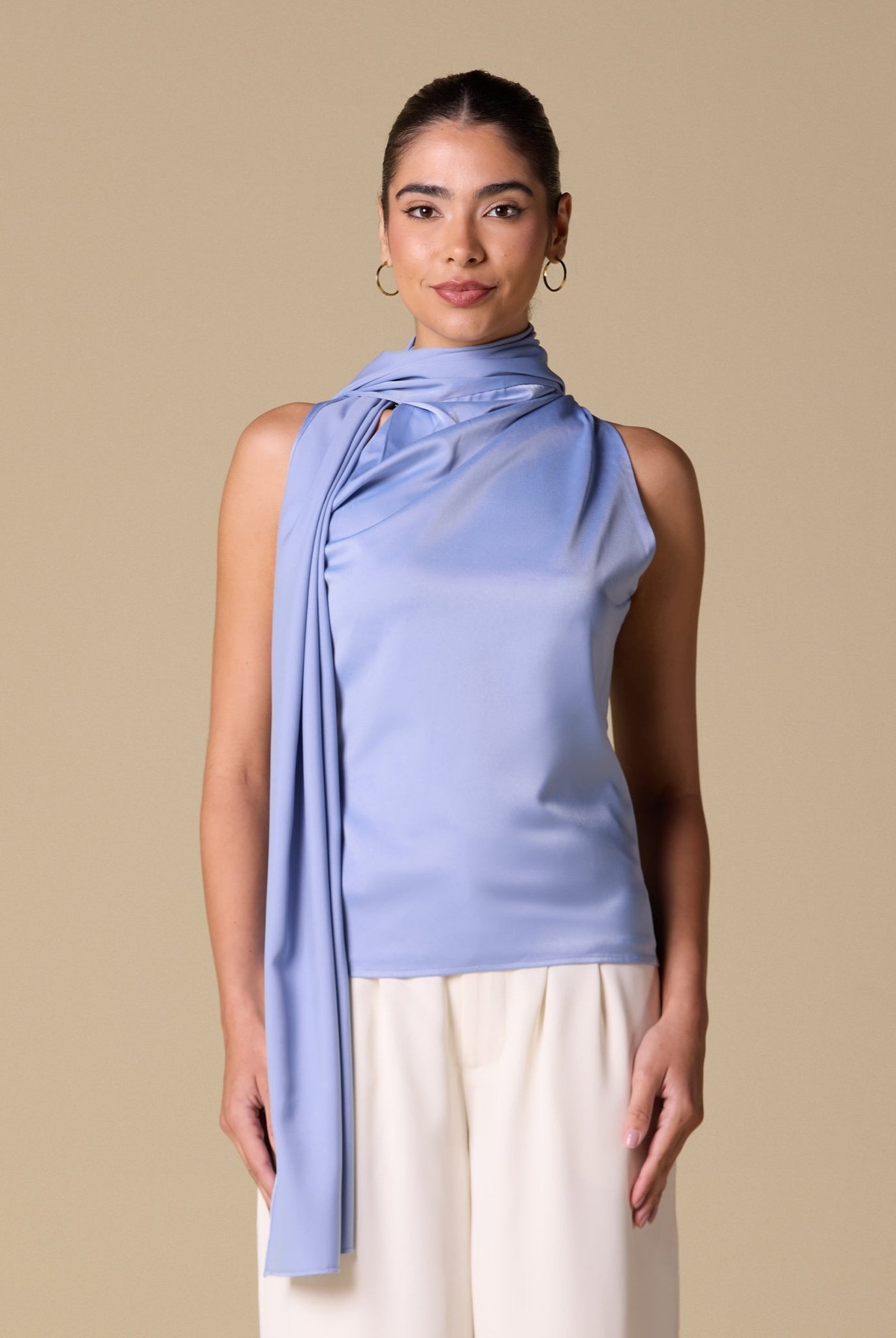 Draped Cowl Top with Attached Scarf - shopaleena